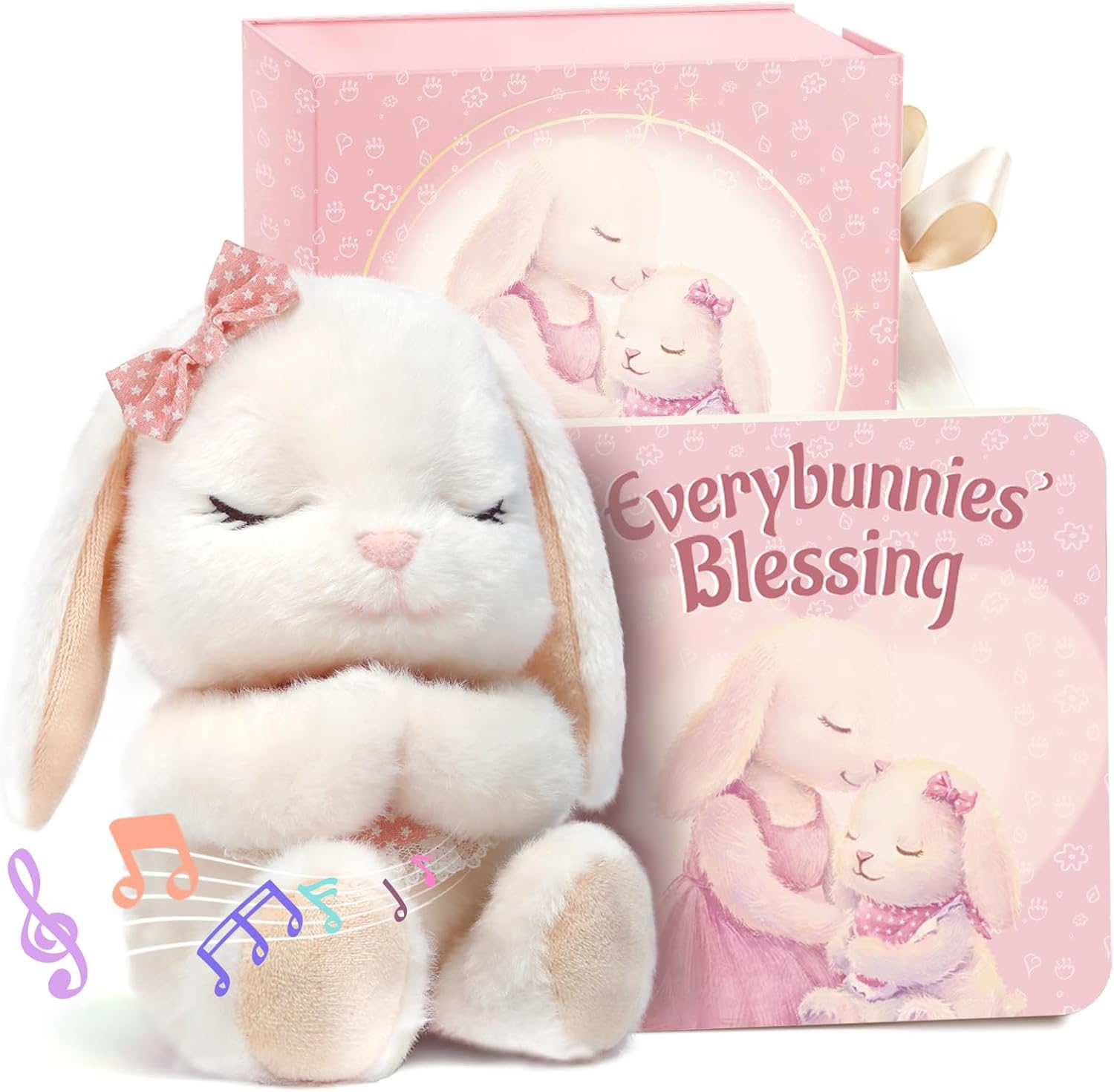 Baptism Gifts for Girl, Catholic Christening, Baby Dedication & Baptismal Gift Set for Baby Girls & Kids, with 9" Musical Praying Bunny Plush Toy & Everybunnies' Blessing Book in Keepsake Box