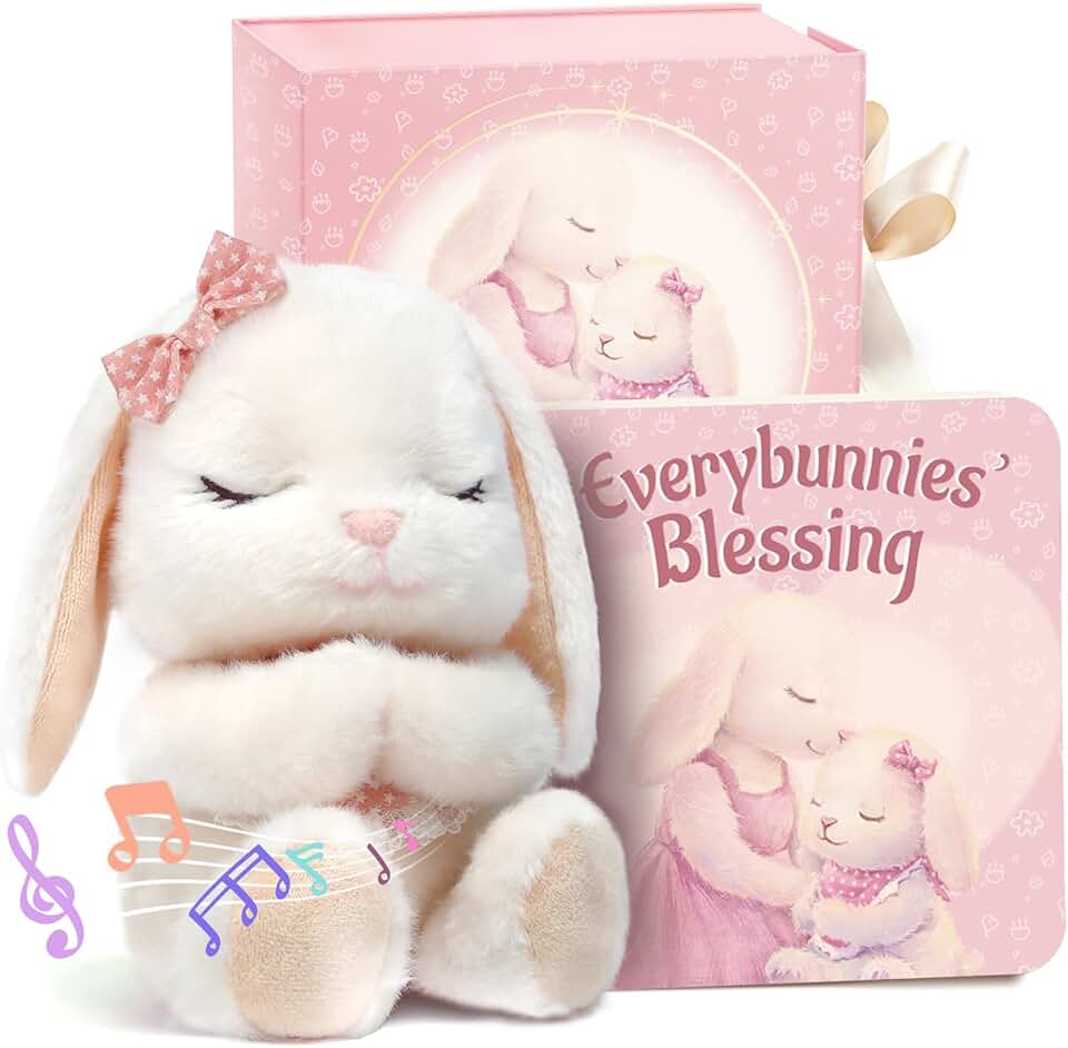 Baptism Gifts for Girl, Catholic Christening, Baby Dedication & Baptismal Gift Set for Baby Girls & Kids, with 9" Musical Praying Bunny Plush Toy & Everybunnies' Blessing Book in Keepsake Box
