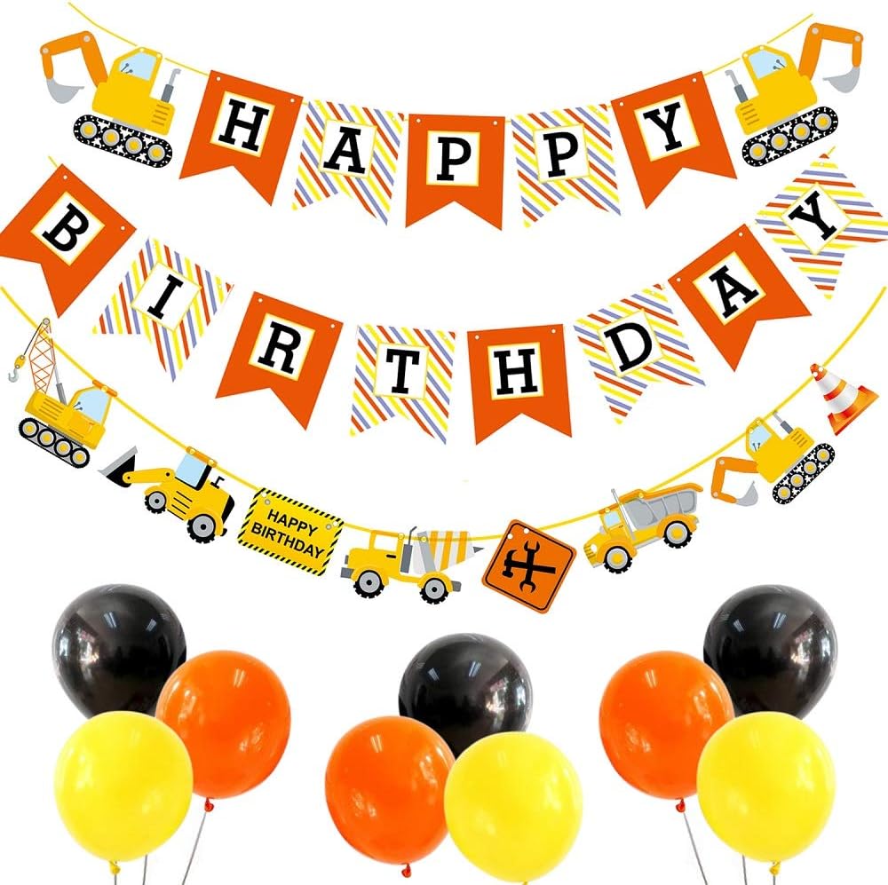 ALISSAR Construction Birthday Party Supplies-2 Construction Birthday Banners with 9-Pack Balloons, Truck Excavator Party Decoration for Boy