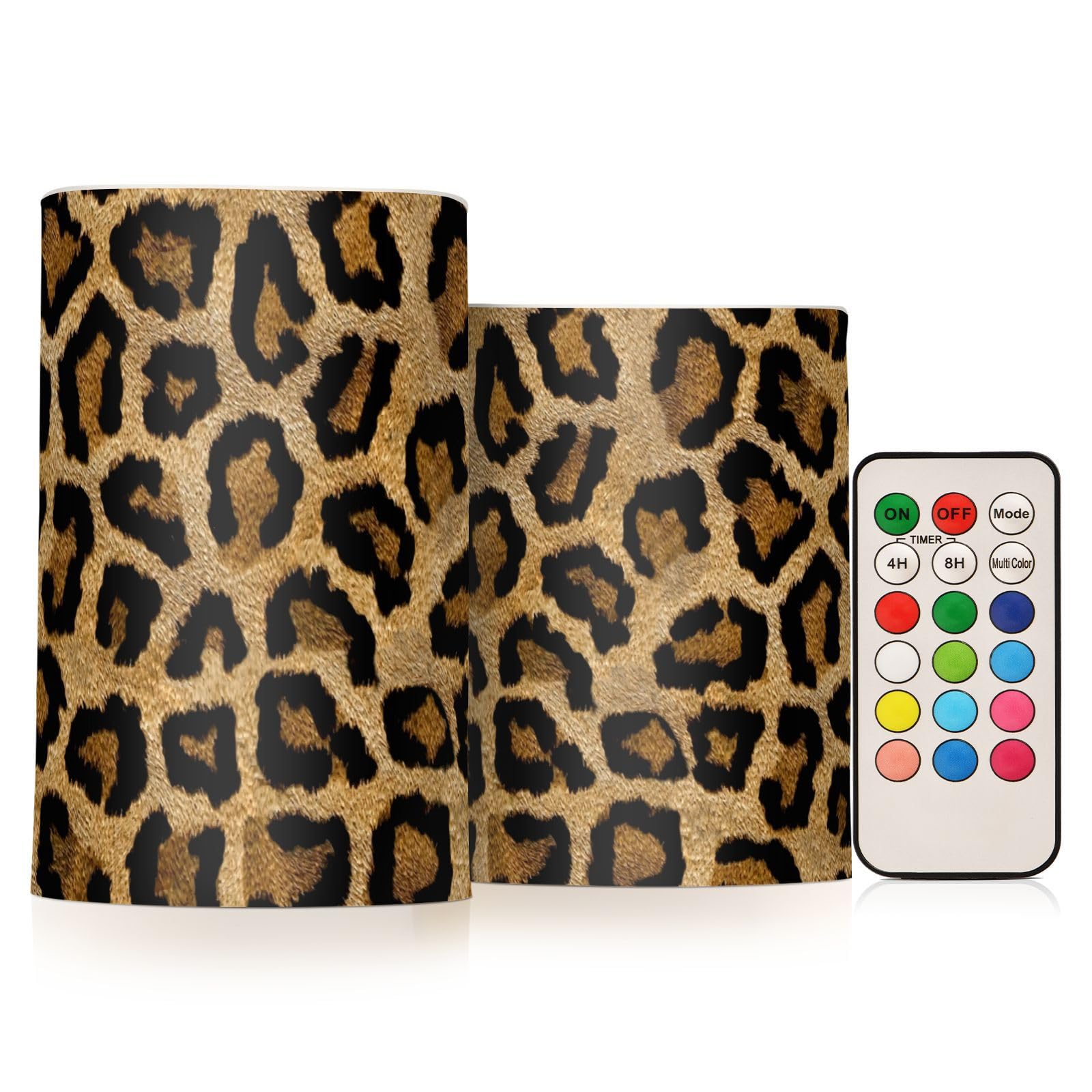 Kcldeci Flameless Candles Leopard Texture Leopard Fur Animal Print African Animal Battery Operated Candle LED Flameless Candles Remote Control Candles Outdoor LED Flameless Pillar Candles Set of 2