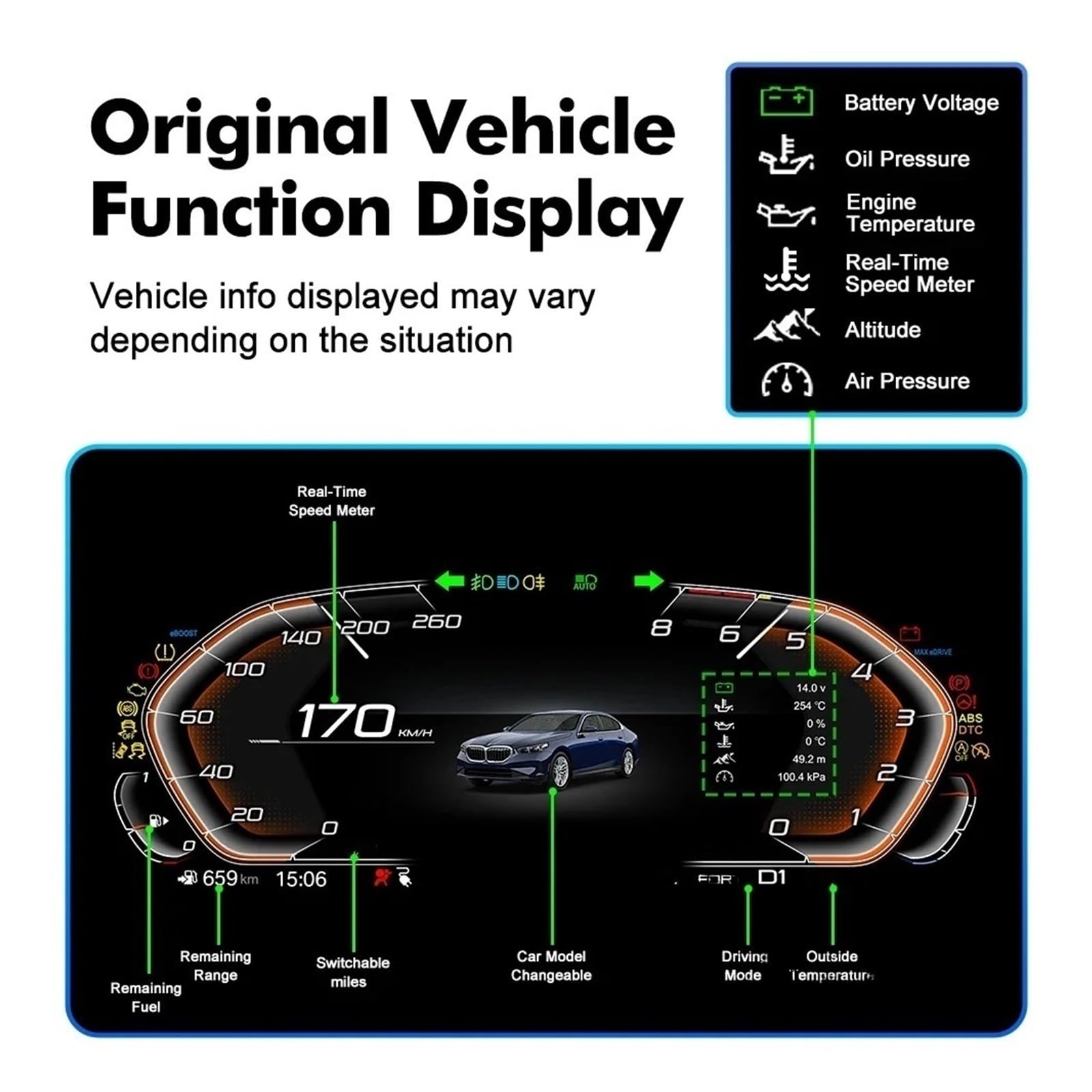 Quadro strumenti digitale da 12,3 '' compatibile con BMW Serie 3 4 F30 F31 F32 F33 F34 F36 Pannello cruscotto LCD Tachimetro Cabina di pilotaggio virtuale(Without HUD)