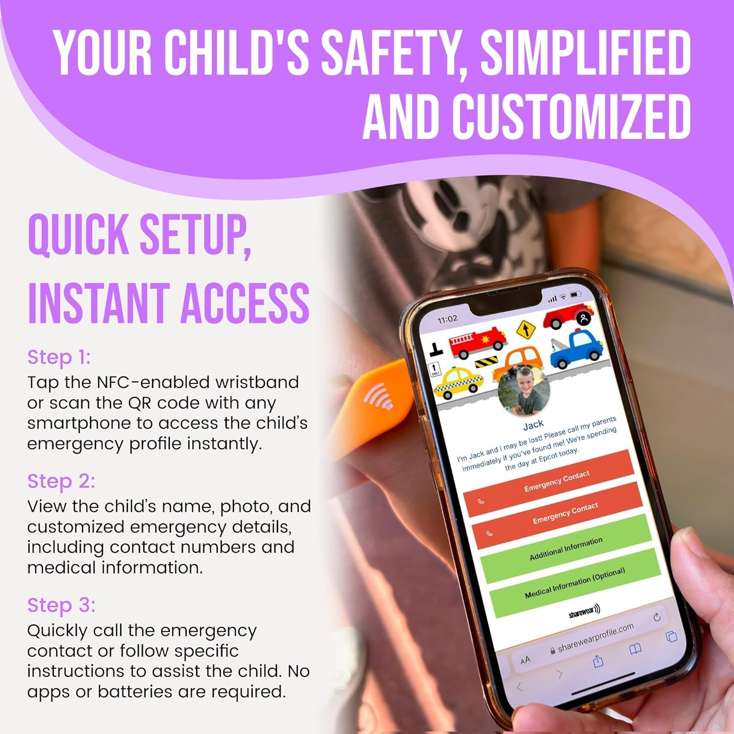 Correa inteligente ajustable para identificación de seguridad infantil: NFC y código QR, pulsera impermeable, perfil digital gratuito, cuztomizable, no necesita suscripciones. Viajes,