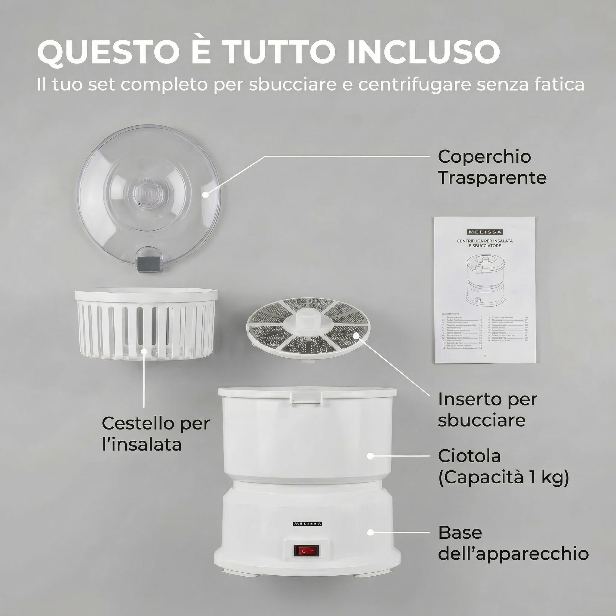 MELISSA 16220008 Pela Patate Elettrico, Pelatore Elettrico - capacità 1 kg, con centrifuga per insalata, 85 Watt, colore - Bianco | Pelapatate con centrifuga per insalata e verdure, capacità 1 kg, 85 Watt, bianco