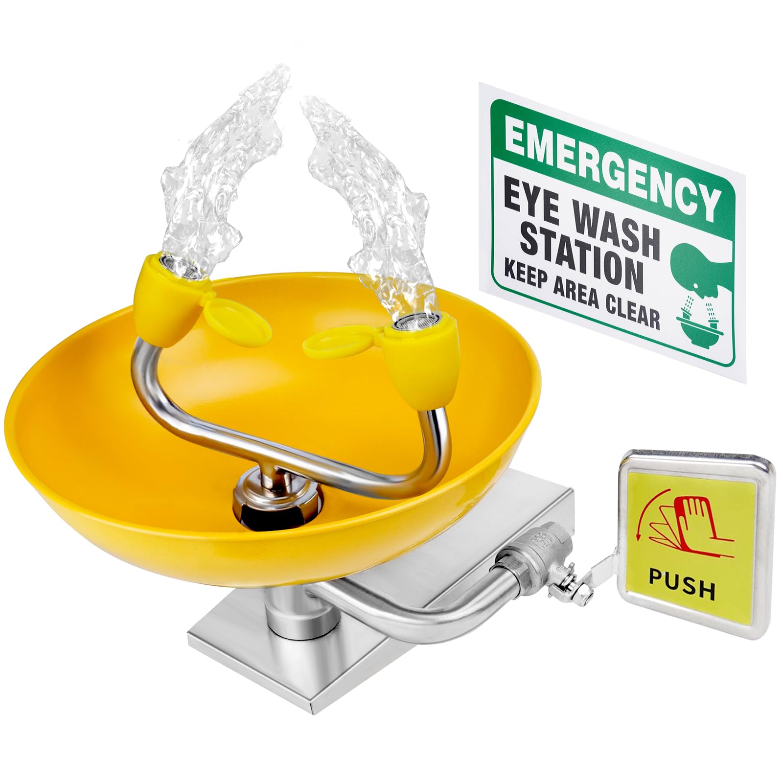 304 Stainless Steel Eye Wash Station, Wall-Mounted Emergency Eye Washer- Multifunctional Nozzle, OSHA Approved, Eye Irrigation Sign & Enlarged Basin Yellow