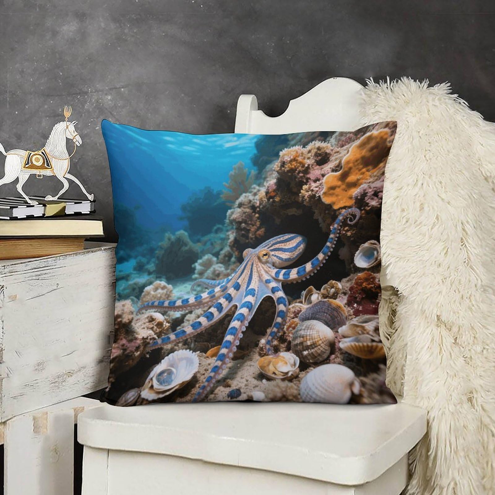 FodPand Boho Farmhouse Blue - Ringed Octopus Pillow Covers with Hidden Zipper 26x26 Soft Plush Cushion Cover Decorative Throw Pillow Cases for Couch Bed Sofa Living Room Indoor Outdoor Home Decor