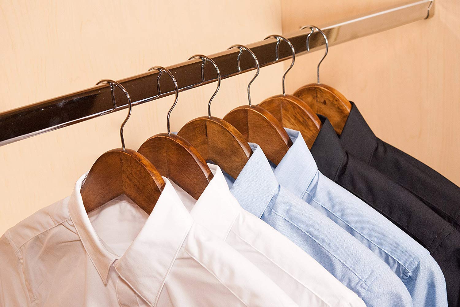 ginoya Brothers Walnut Wooden Suit Hangers - Premium Wood with Notches & Chrome Swivel Hook for Dress Clothes, Coats, Jackets, Pants, Shirts, Skirts Hanger (6 Count) 4