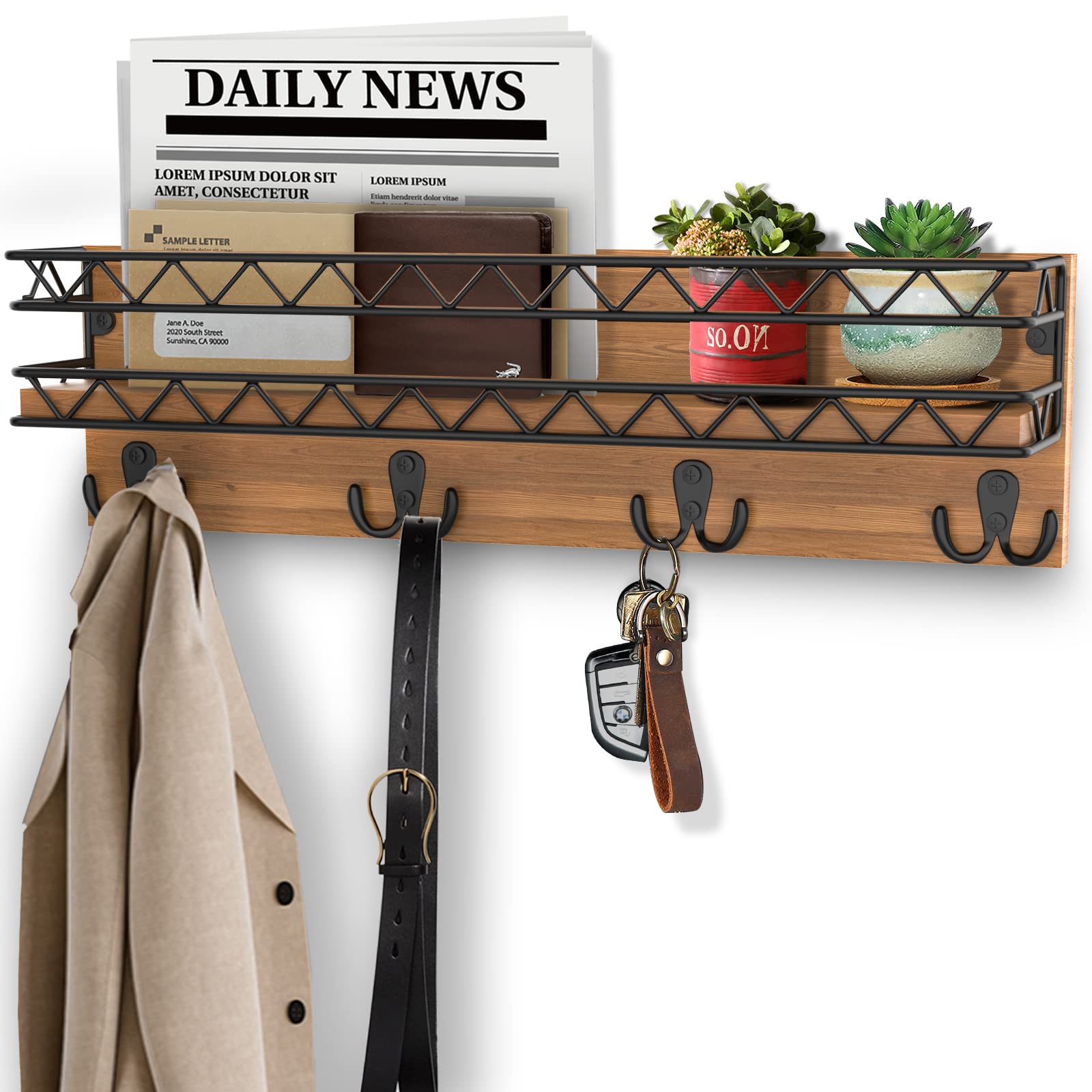 Key Holder for Wall, AXTEE Mail Organizer Wall Mount with 4 Double Wall Hooks and Mail Holder, Natural Pine Key Rack Suitable for Entryroom Hallway Kitchen Office, Large, Burlywood