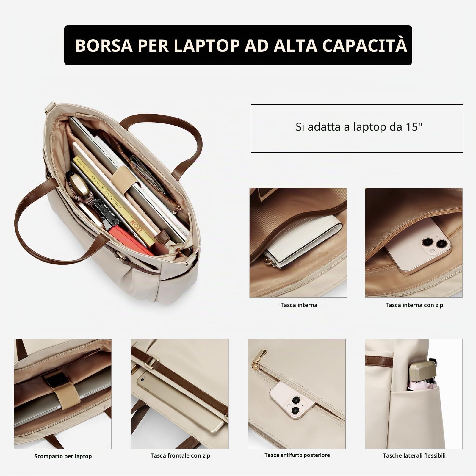 Borsa Messenger Donna Impermeabile Borsa Porta PC 15 Pollici - Borsa Lavoro Grande per Ufficio, Università e Scuola - Albicocca