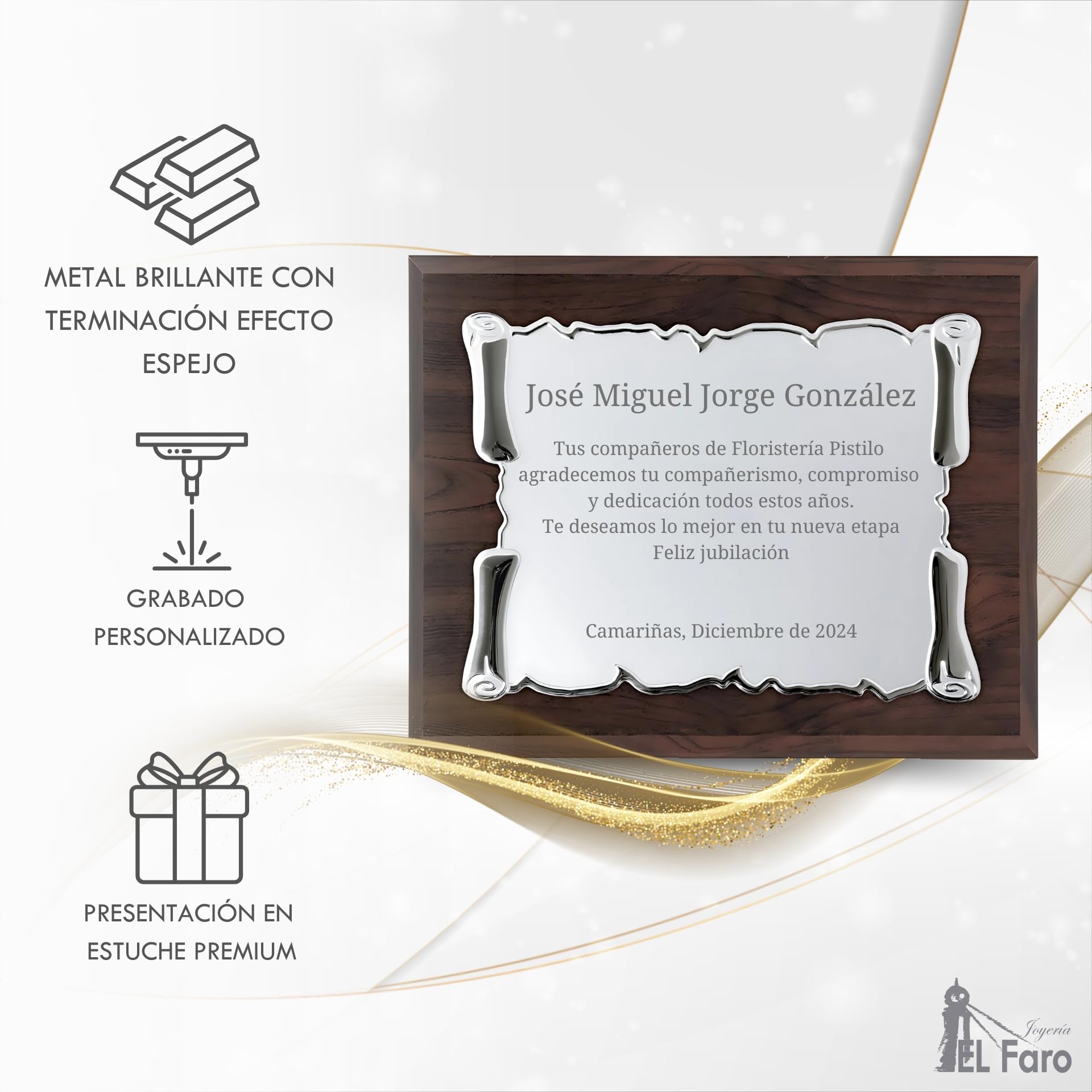 JOYERÍA EL FARO | Placa conmemorativa personalizada con grabado y estuche premium | Ideal para aniversarios, jubilaciones, dedicatorias u homenajes