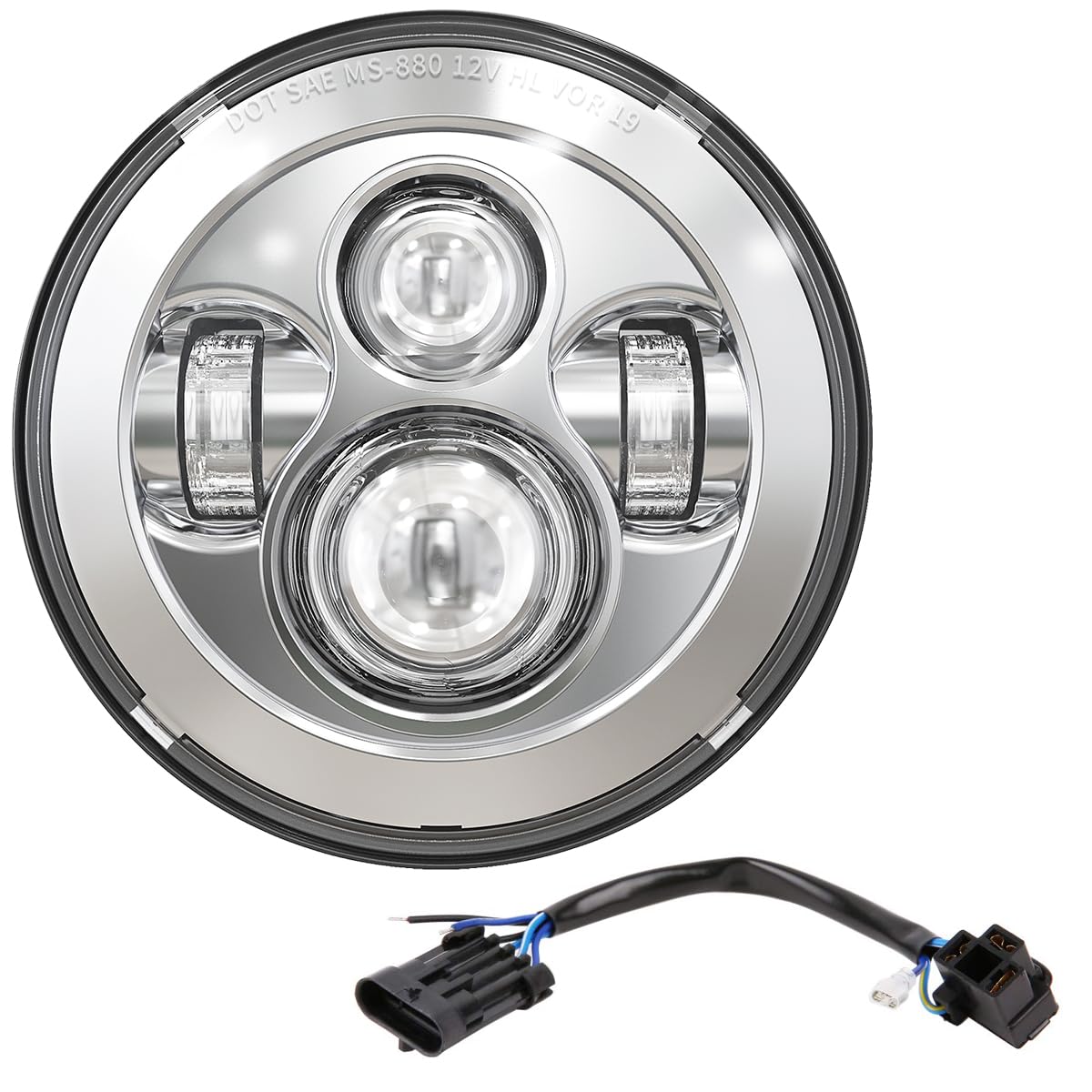 BICYACO Silver 7 Inch Motorcycle LED Headlight+Wire Harness Adapter