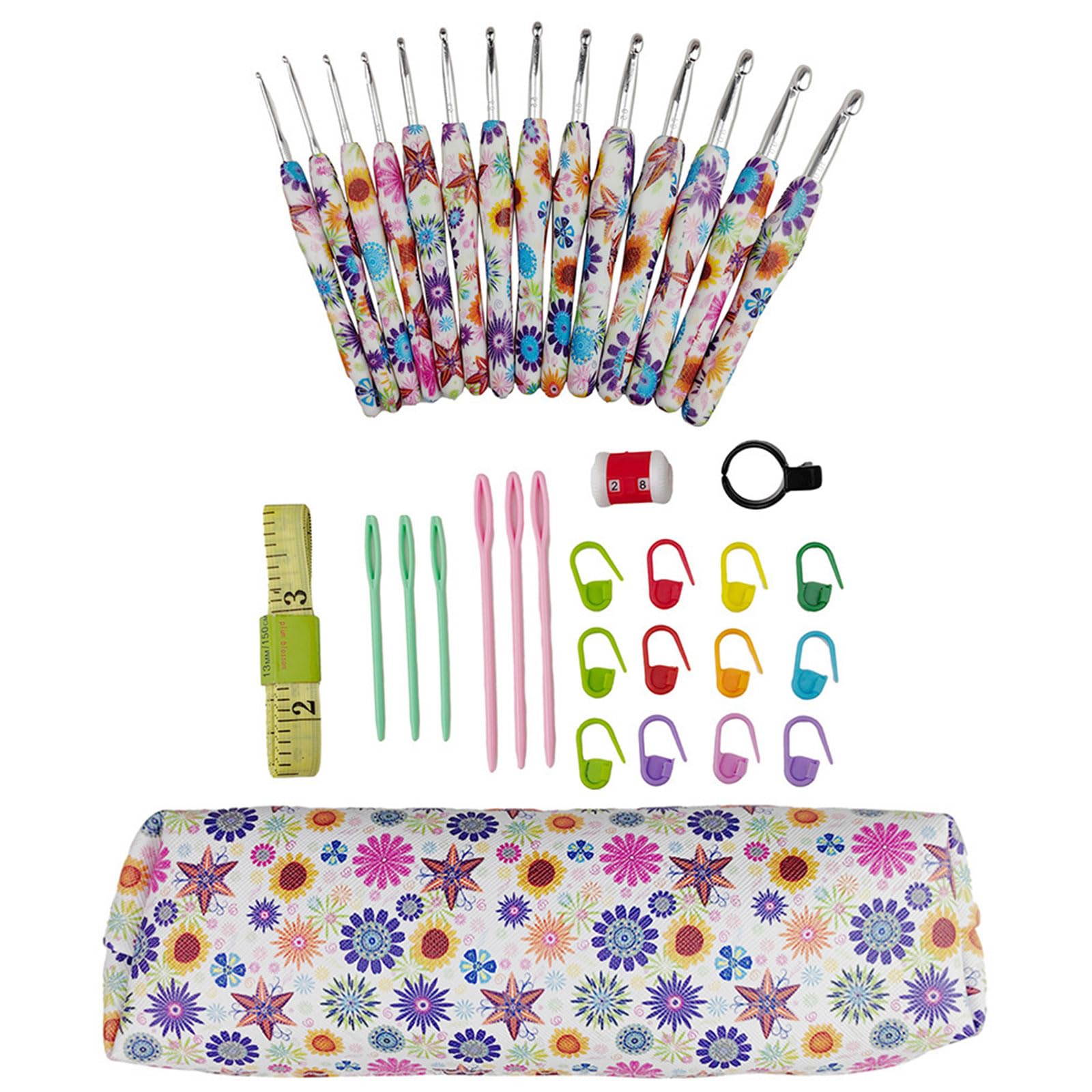 Juego de agujas de ganchillo multifuncionales largas de 2 mm a 10 mm, agujas de ganchillo ergonómicas, herramienta de tejer fácil de usar, juego de 14 ganchos de ganchillo de tamaño con funda, ganchos