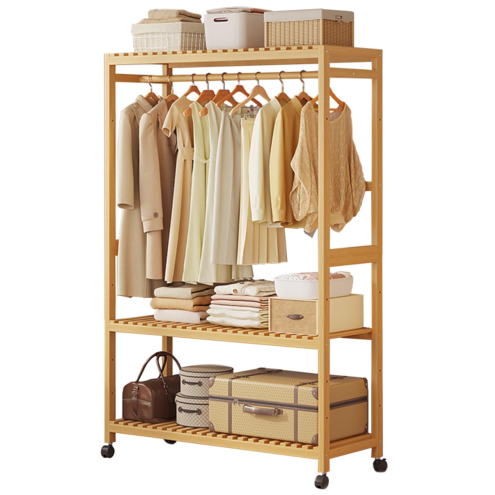 Perchero Burro de Bambú con Ruedas, Perchero de Pie con Barra para Colgar y Estantes Regulables, Organizador de Ropa Móvil para Dormitorio, Salón o Entrada, Largo 83/98 cm