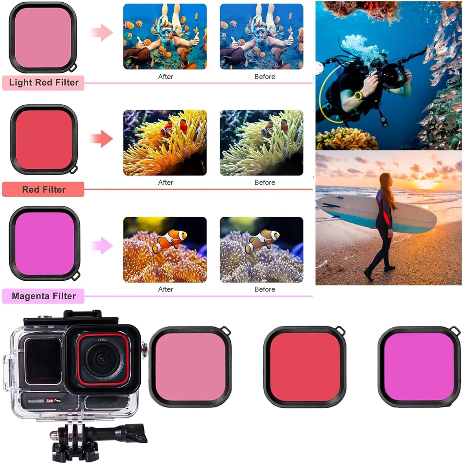 Funda impermeable de 60 m para Insta 360 Ace Pro con 3 filtros de buceo