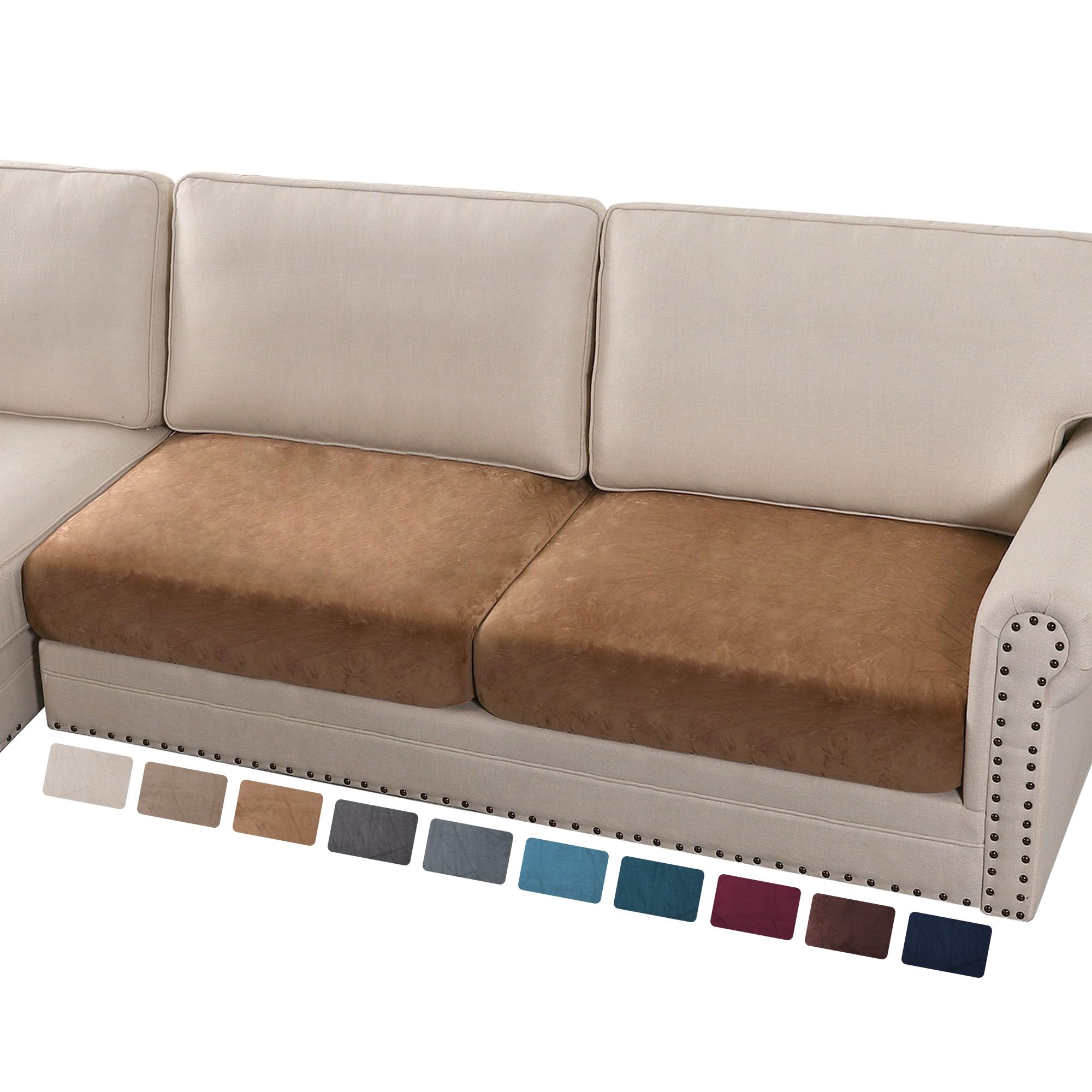 PrinceDeco Velvet Couch Cushion Cover Soft Stretch Cushion Slipcover for Chair Loveseat Sofa Cushion Furniture Protector Seat Cushion Sofa Cover (2 Piece Large Sofa Cushion Covers, Camel)