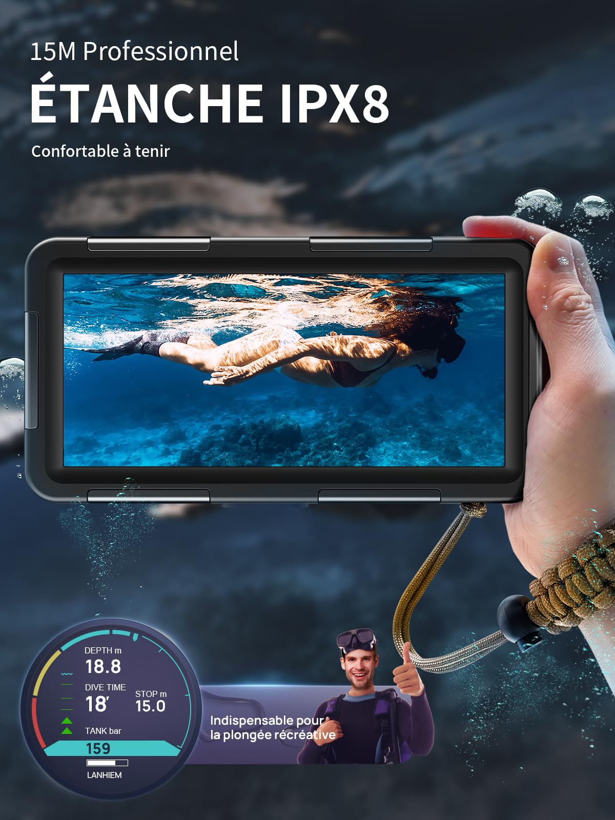Lanhiem Pochette Étanche 15M [Universelle] Coque Téléphone Protection IPX8 Plongée Étui pour iPhone Samsung Galaxy Huawei XiaoMi RedMi Oppo Vivo et Smartphone 4.7-6.8'' sous Marine Housse - Noir
