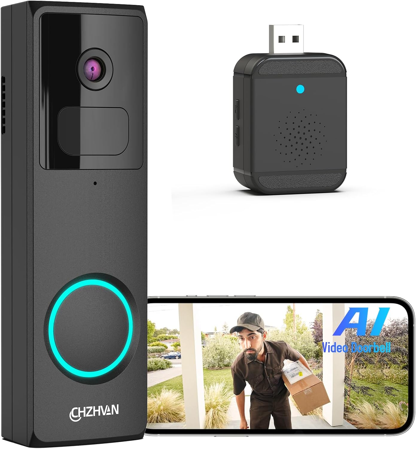 Doorbell Camera Wireless, FHD Smart Video Doorbell Wireless with AI Analysis, 2.4G Wi-Fi, Battery Powered, Anti Theft, PIR Motion Detection for Apartment Outdoor, Instant Alerts, 2-Way Audio