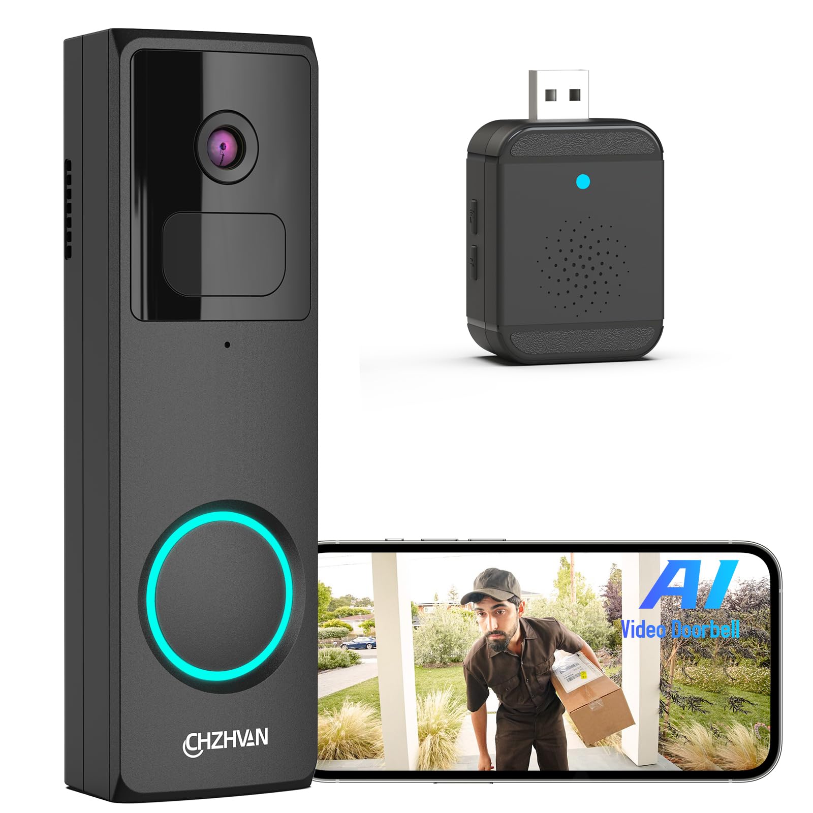CHZHVAN Doorbell Camera Wireless, FHD Smart Video Doorbell Wireless with AI Analysis, 2.4G Wi-Fi, Battery Powered, Anti Theft, PIR Motion Detection