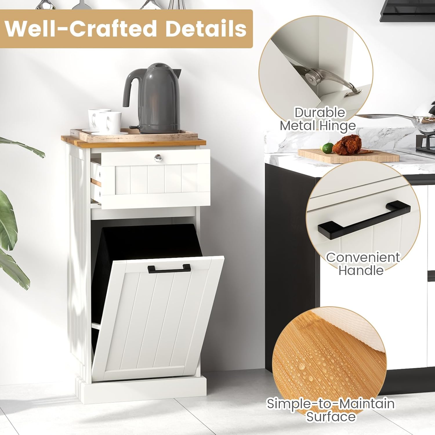 Close-up of DORTALA Laundry Hamper Cabinet details including durable metal hinge, convenient handle, and simple-to-maintain surface