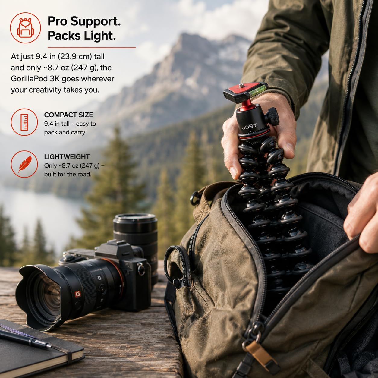 JOBY GorillaPod 3K Ultra Kit - Flexibles Stativ mit Kugelkopf für spiegellose & DSLR-Kameras, hält bis zu 6.6 lbs / 3 kg, 360-Grad-Schwenk- und 90-Grad-Neigung, Schnellwechselplatte, Wasserwaage