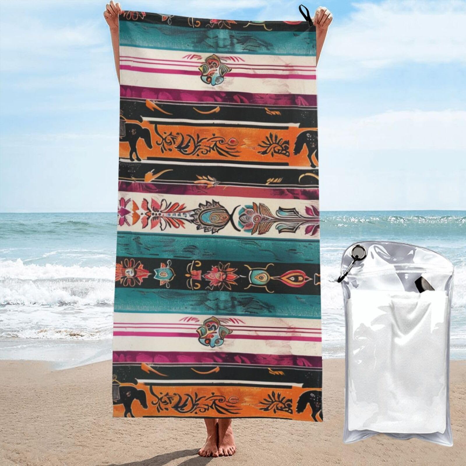 BWWHCCTI Horses Print Printed Microfiber Quick Dry Beach Towel 70x140 CM, Fast Drying Bath Towels with Bags for Travel,Camping,Gym,Beach,Swimming,Yoga
