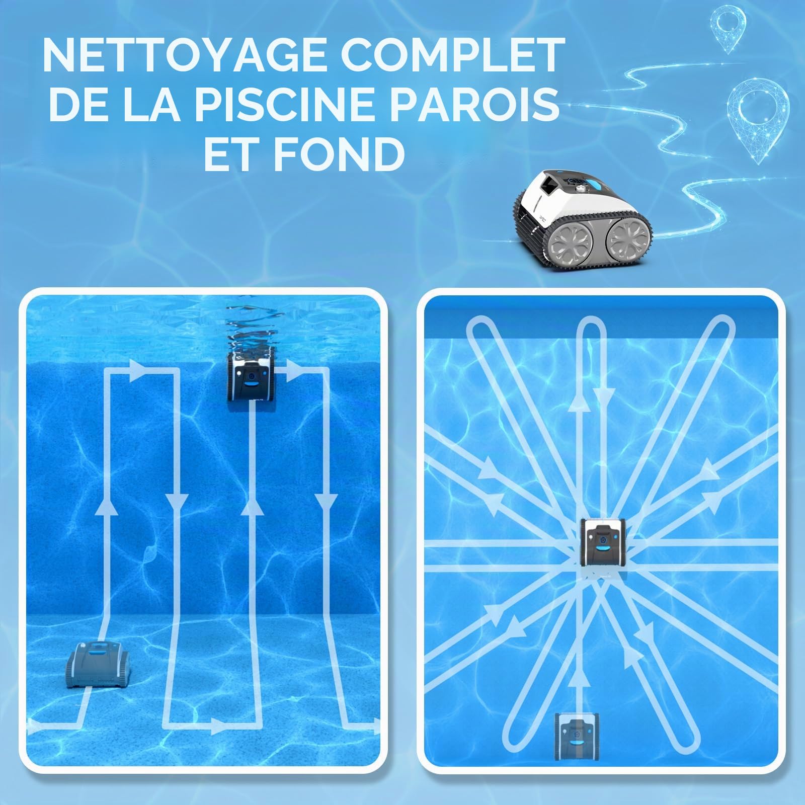 WYBOT Robot Piscine sans Fil pour 120 mins, Nettoyage Automatique du Sol, Ligne d'eau et des Murs, avec Charge Rapide, Aspirateur Piscine pour Piscines Hors Sol ou Enterrées Jusqu'à 120 ㎡