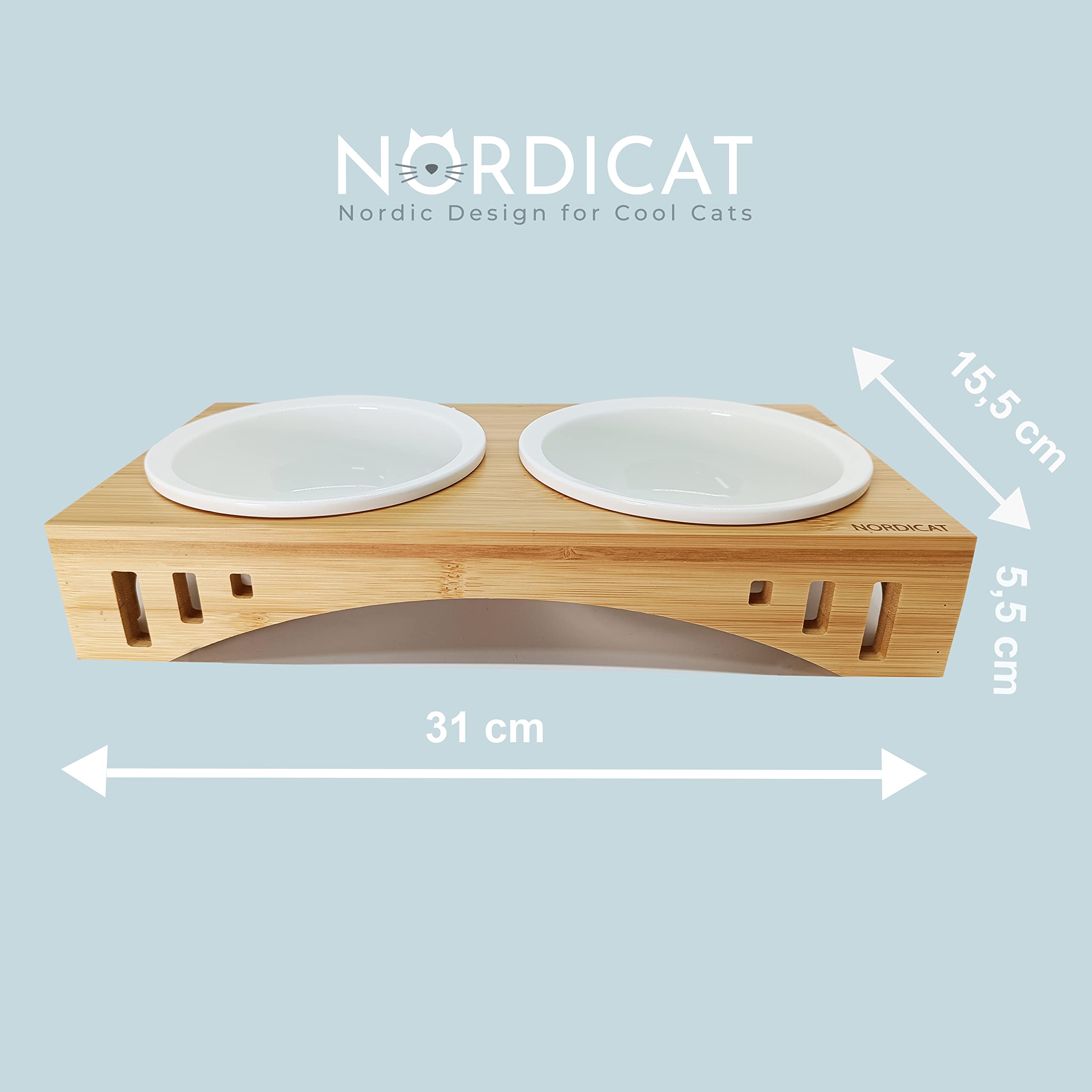 NORDICAT Comedero y Bebedero Gato con Soporte Elevado, Doble Cuenco Ceramica y Bambu Extraible Antideslizante, Accesorios en Madera Nordicat Ideal para Gatos o Perros Pequeños