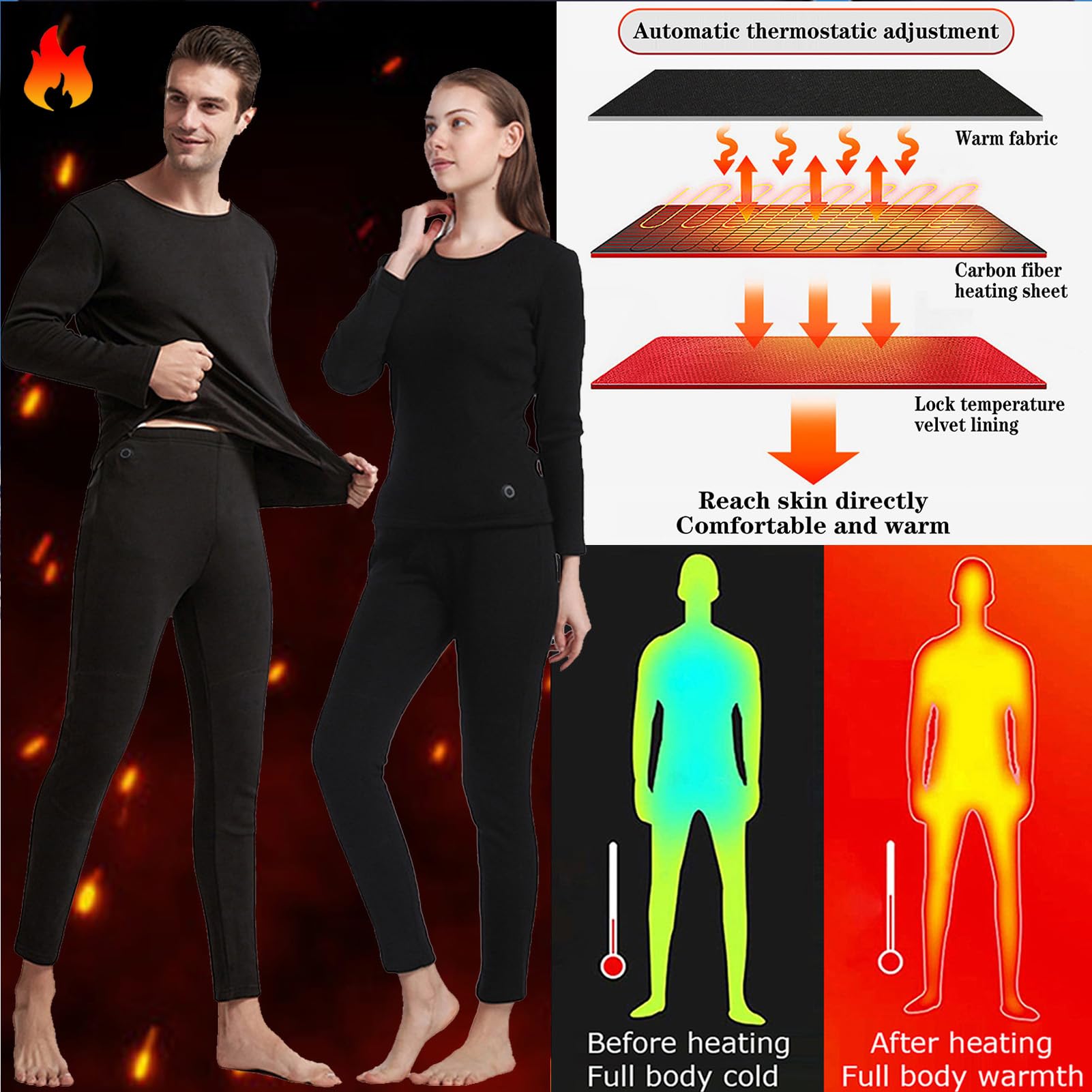 Ropa Interior Calefactada por USB Hombre Mujer Camisetas Y Pantalones Térmicos, Invierno Ciclismo Al Aire Libre Calefacción Superior E Inferior, con Batería