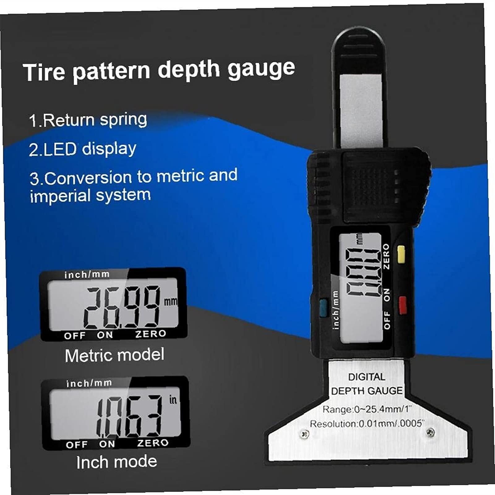Medidor Digital de Profundidad de la Banda de Rodadura del neumático Comprobador de Profundidad de la Banda de Rodadura portátil de 0-25,4 mm con Herramienta de Pantalla LCD