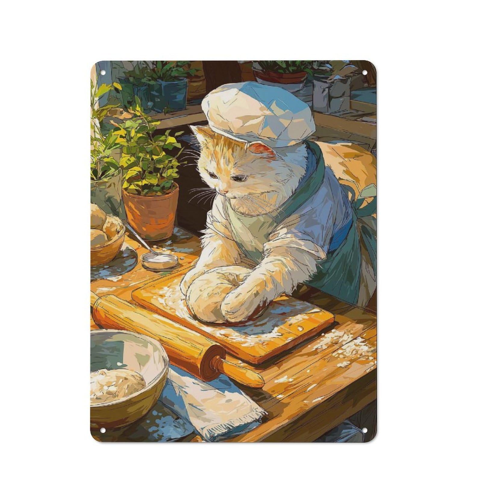 Tin Wall Plaque 40x30cm with The Baker Cat for Pub Or Café, for Hospitality Wall Decor Collectors
