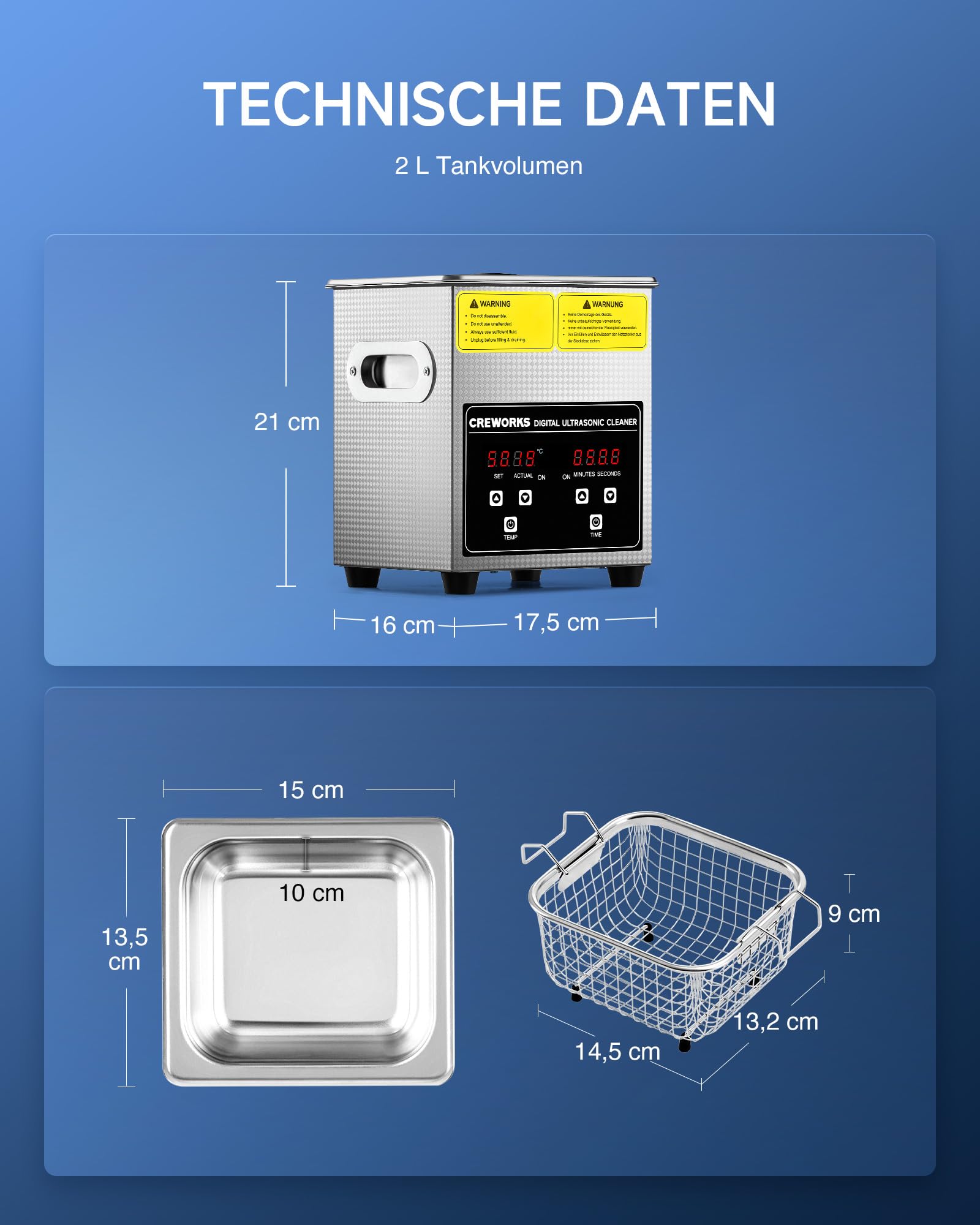 CREWORKS Ultraschallreinigungsgerät 2L (Echtes Volumen) Ultraschallgerät Ultraschallreiniger Edelstahl mit Heizung & Digital Timer für Brillen, Schmuck, Uhren, Zahnprothesen, Münzen, inkl. Korb