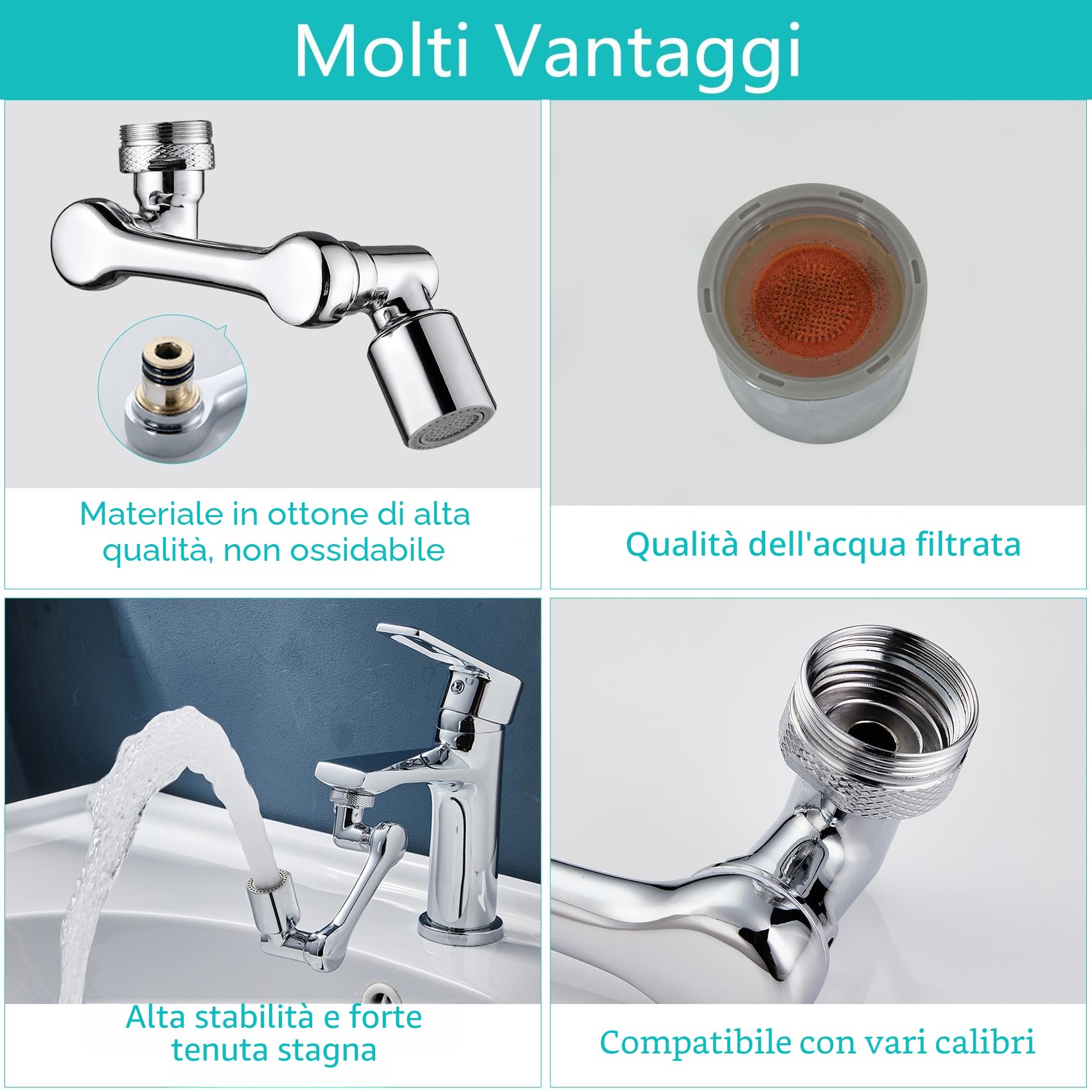 Rubinetto Rotante 1080 Gradi, Prolunga Rubinetto Allungabile con Rotazione 360 per Bagno, Snodo per Estensione Lavandino Cucina in Ottone, Areatore Rompigetto con Filtro Antispruzzo, M20 M22 M24