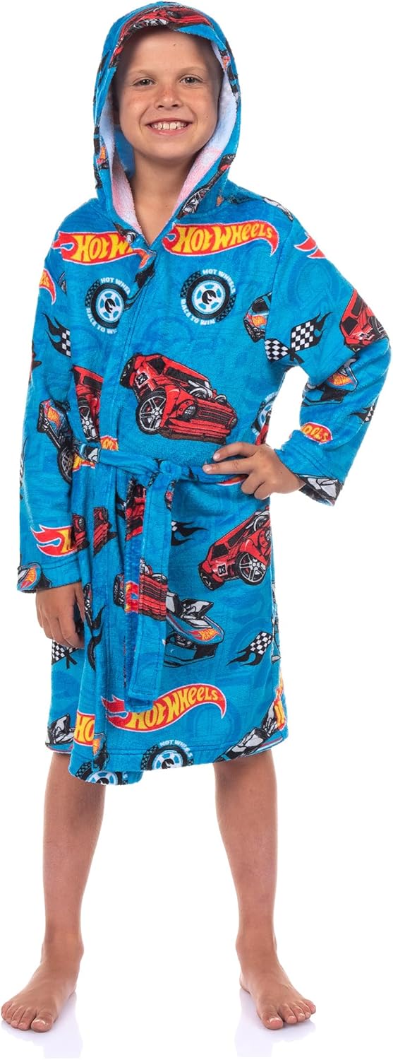 INTIMO Hot Wheels Robe Boys' Soft Fleece Hooded Bathrobe w/Tie-Closure For Kids