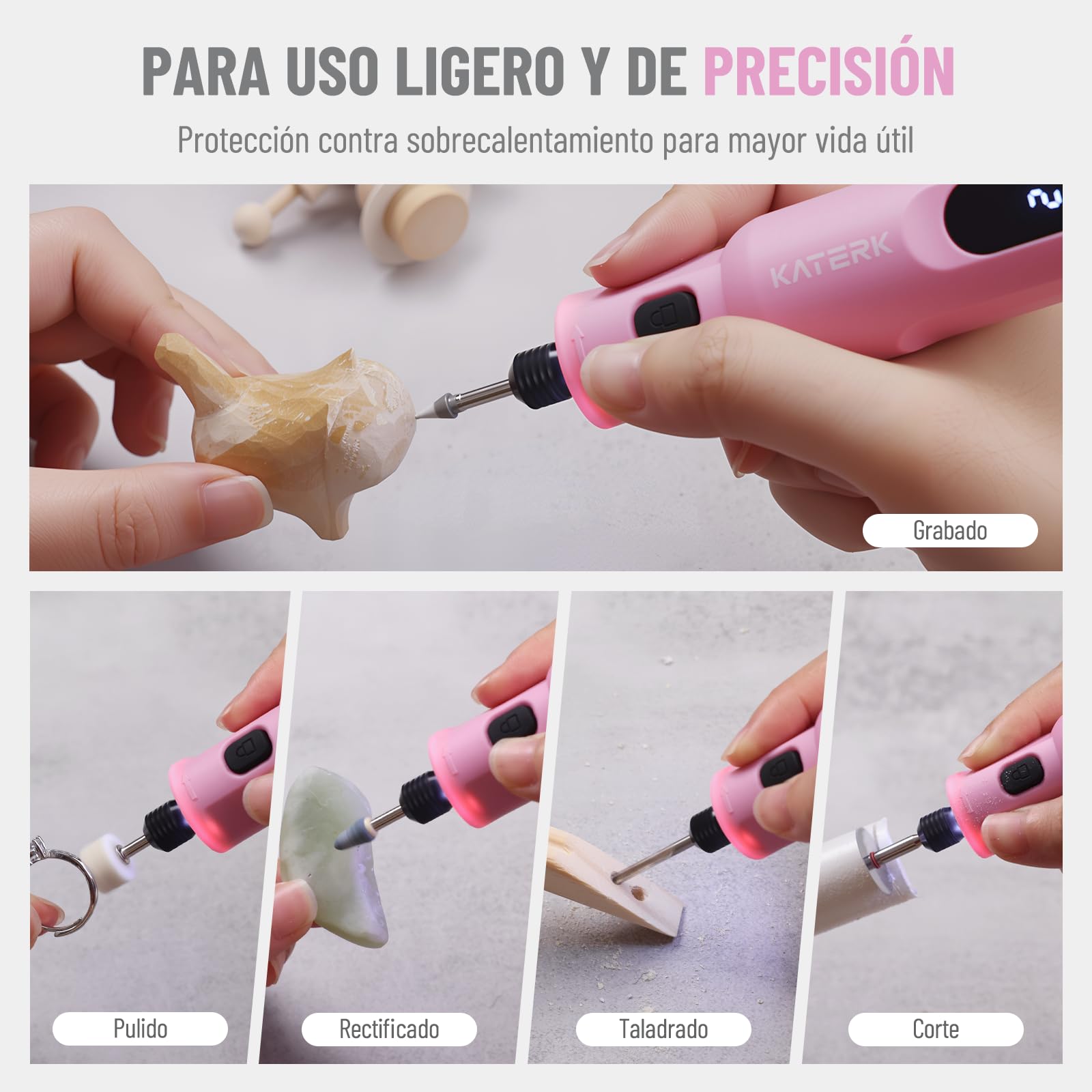 Katerk Kit de Herramientas de Amoladora, 5 Velocidades Herramienta Rotativa, 5000-20000RPM, Batería 2500mAh, 3.7V Mini Amoladora Eléctrica con 70 Accesorios para Grabar,Taladrar,Cortar, Esmerilar-Rosa