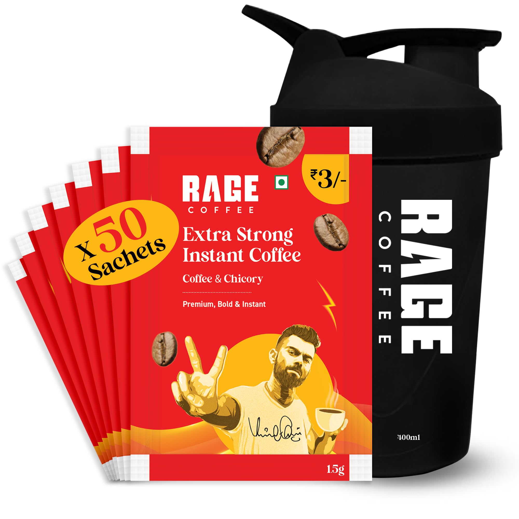 Rage Coffee Extra Strong Premium Blend Coffee Sachets - (Pack of 50) | Premium, Bold & Instant | Makes 50 Cups | Instant Coffee Sachets & Chicory- 100% Arabica Beans for Hot & Cold coffee Powder + Multi-purpose Shaker 400 ml (B0CRS4MK4Q) Amazon Price History, Amazon Price Tracker