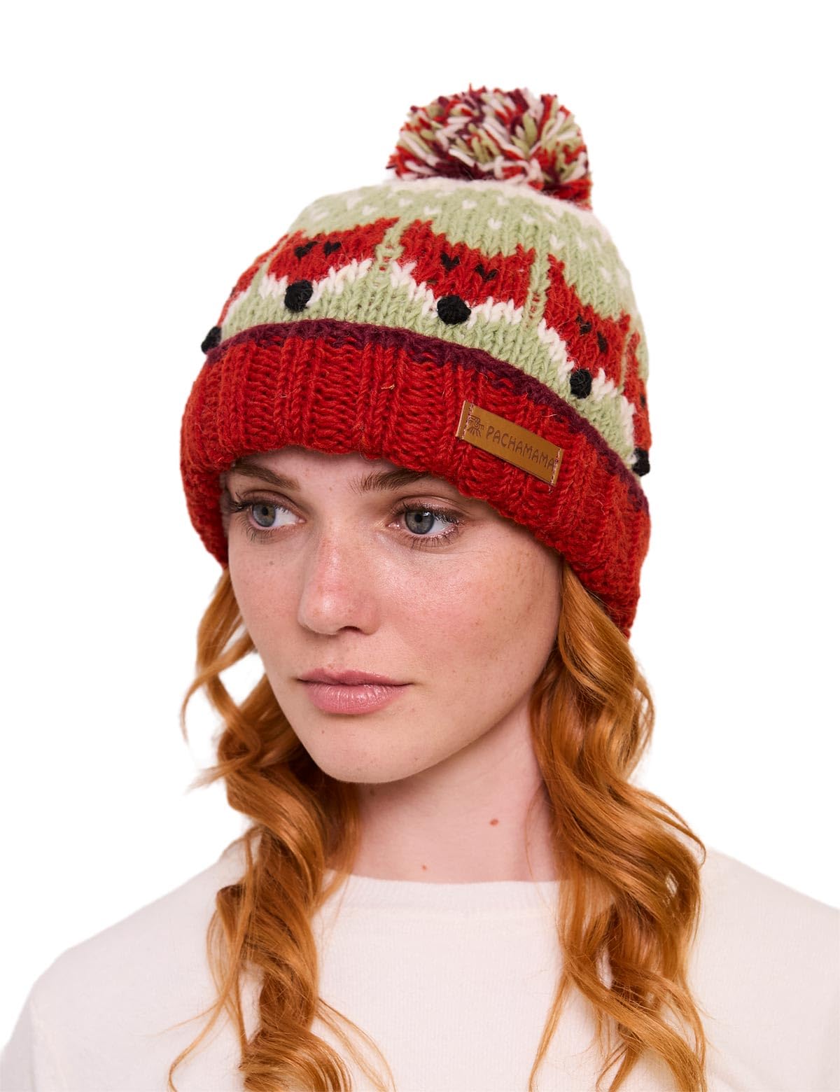 Pachamama Damska wełniana czapka typu beanie bobble sherpa polarowa podszewka zwijana tył ręcznie robiona urocza lisa wzór brązowy zielony jeden rozmiar ręcznie robiona bardzo ciepła sprawiedliwy