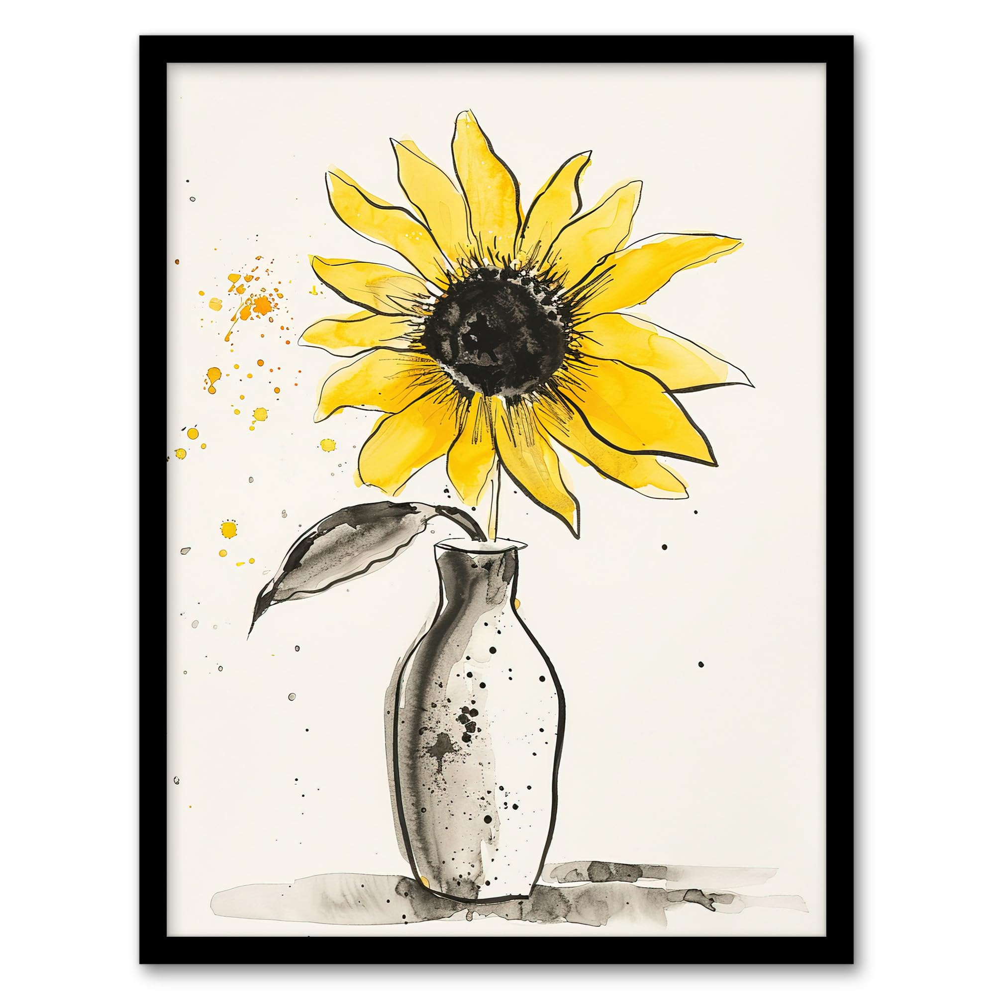 Artery8 Single Sunflower in Vase Yellow Grey Watercolour Living Room Artwork Framed Wall Art Print 18X24 Inch