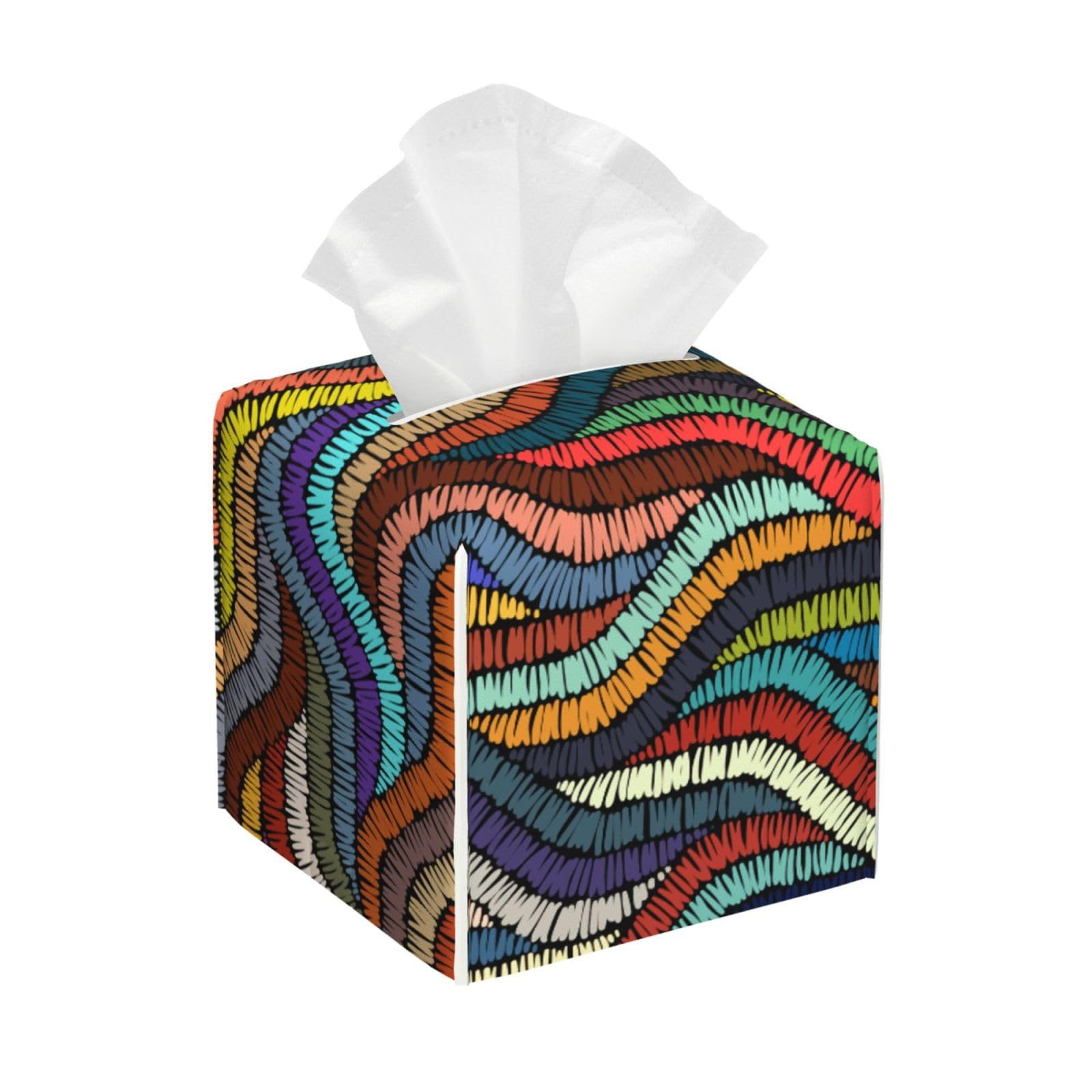Ethnic and Tribal Motifs Colored Lines Square PVC Tissue Box Cover Modern Decorative Holder for Bathroom Vanity