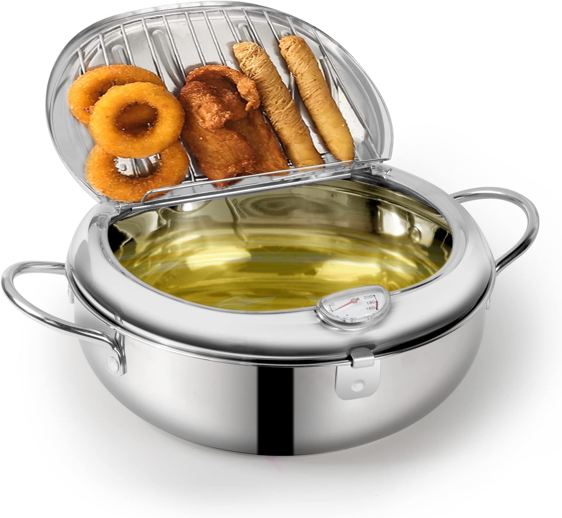 Deep Fryer Pot 304 Stainless Steel Japanese Frying Pot 2.2L, Janpanese Style Tempura Frying Pot with Lid, with Temperature Control Oil Drip Drainer Rack, or Fried Chicken, Shrimp, French, Chips dip