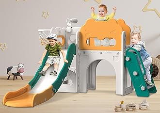 Babytronic Toddler Slide, 7 in 1 Kids Indoor Slide for Toddler 1-3, Indoor Outdoor Toddler Slide Playset with Basketball Hoop and Telescope, Baby Indoor Slide Toddler Playground (Green&Yellow)