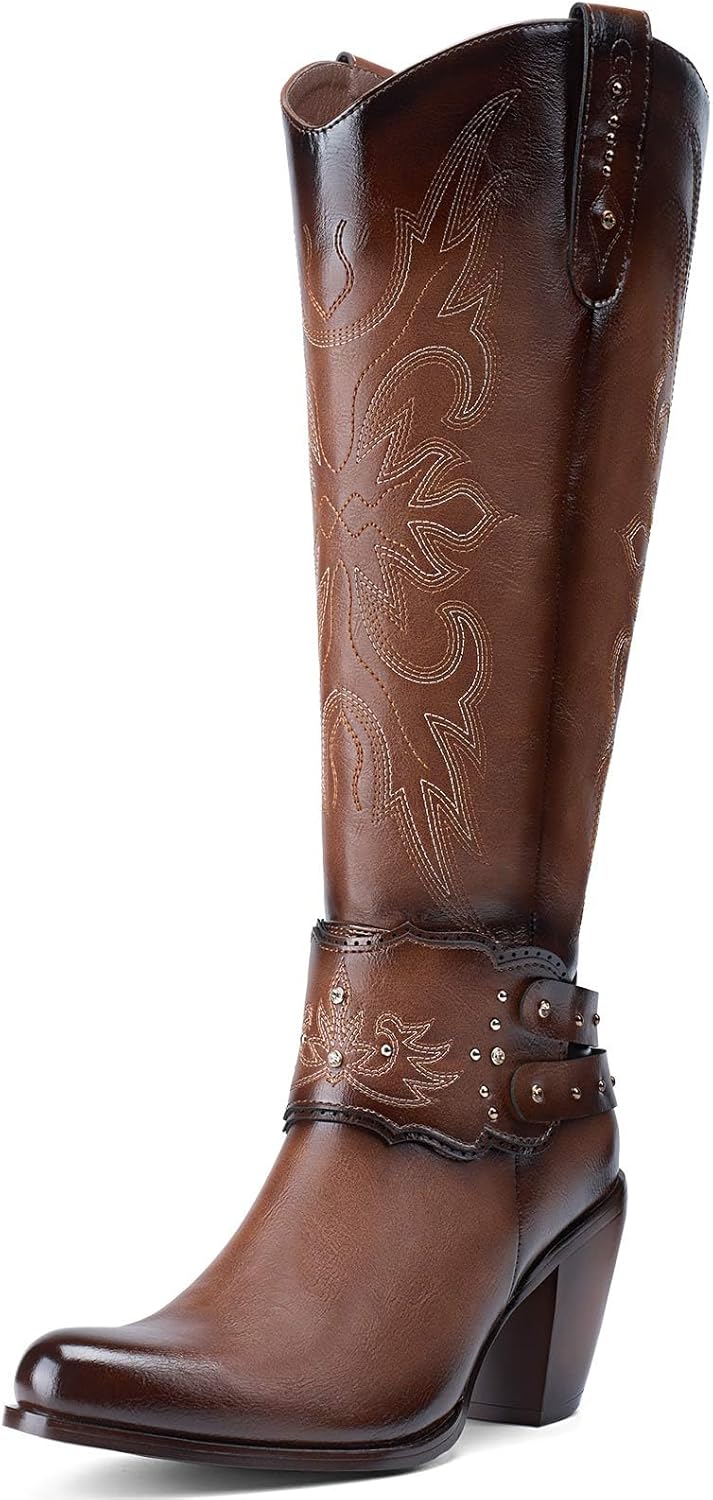 Rollda Women Cowboy Boots - Knee High Chunky Heel