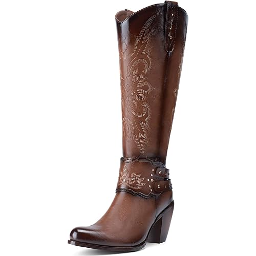 Rollda Cowboy Boots for Women, Cowgirl Boots Knee High, Ladies Tall Western Boots Rounded Toe Chunky Heel Pull on Zipper for Country Concert Party Women Boots
