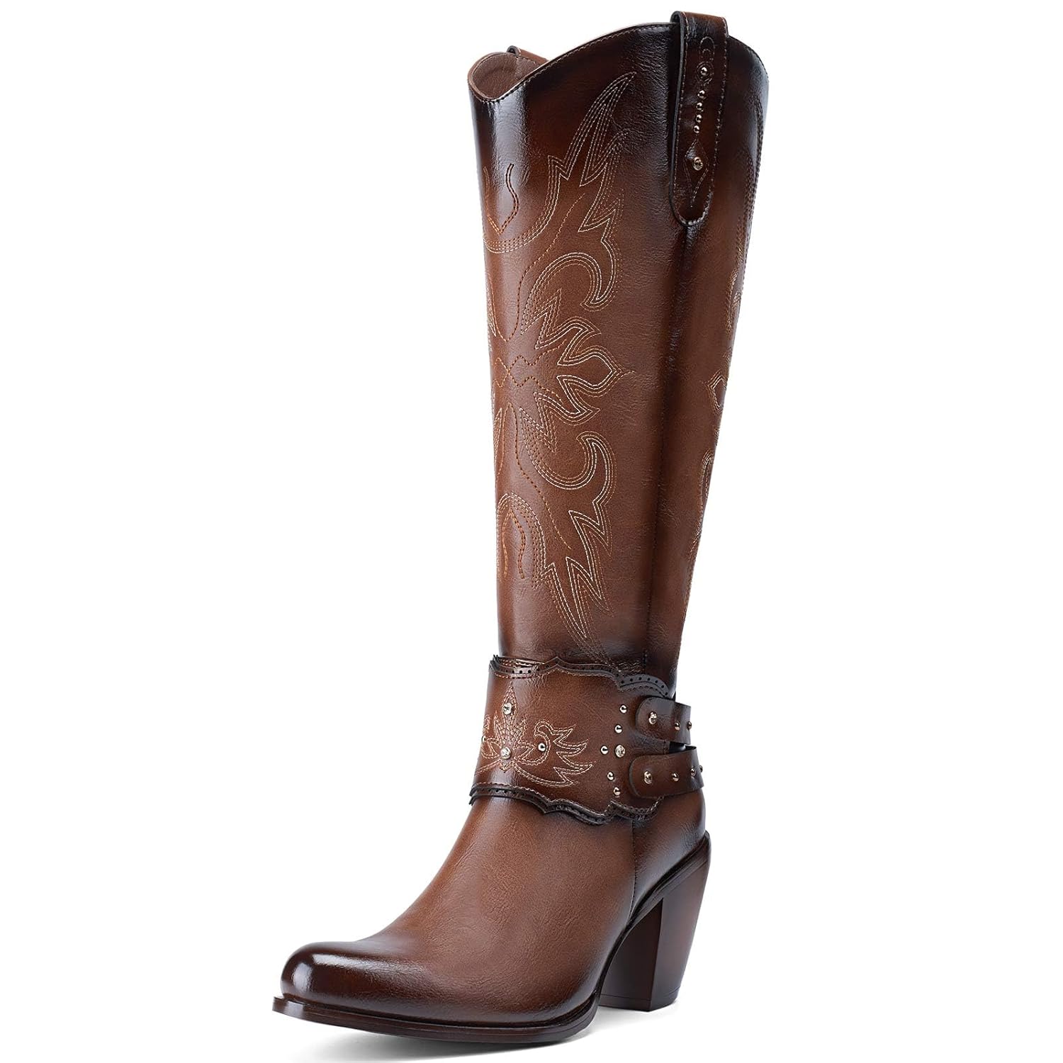 Rollda Cowboy Boots for Women Cowgirl Boots Knee High Ladies Tall Western Boots Rounded Toe Chunky Heel Pull
