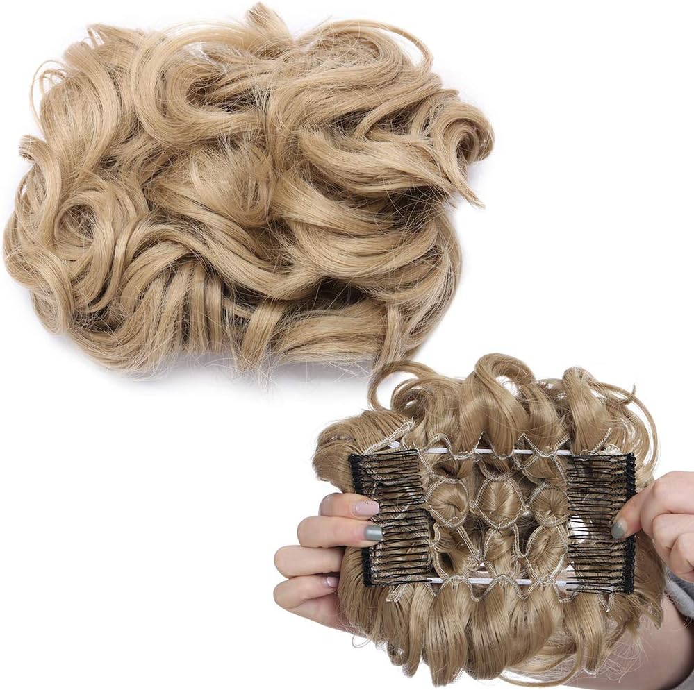 Short Messy Curly Dish Hair Bun Extension Easy Stretch hair Combs Clip in Ponytail Extension Scrunchie Chignon Tray Ponytail Hairpieces Ash Blonde - Image 3