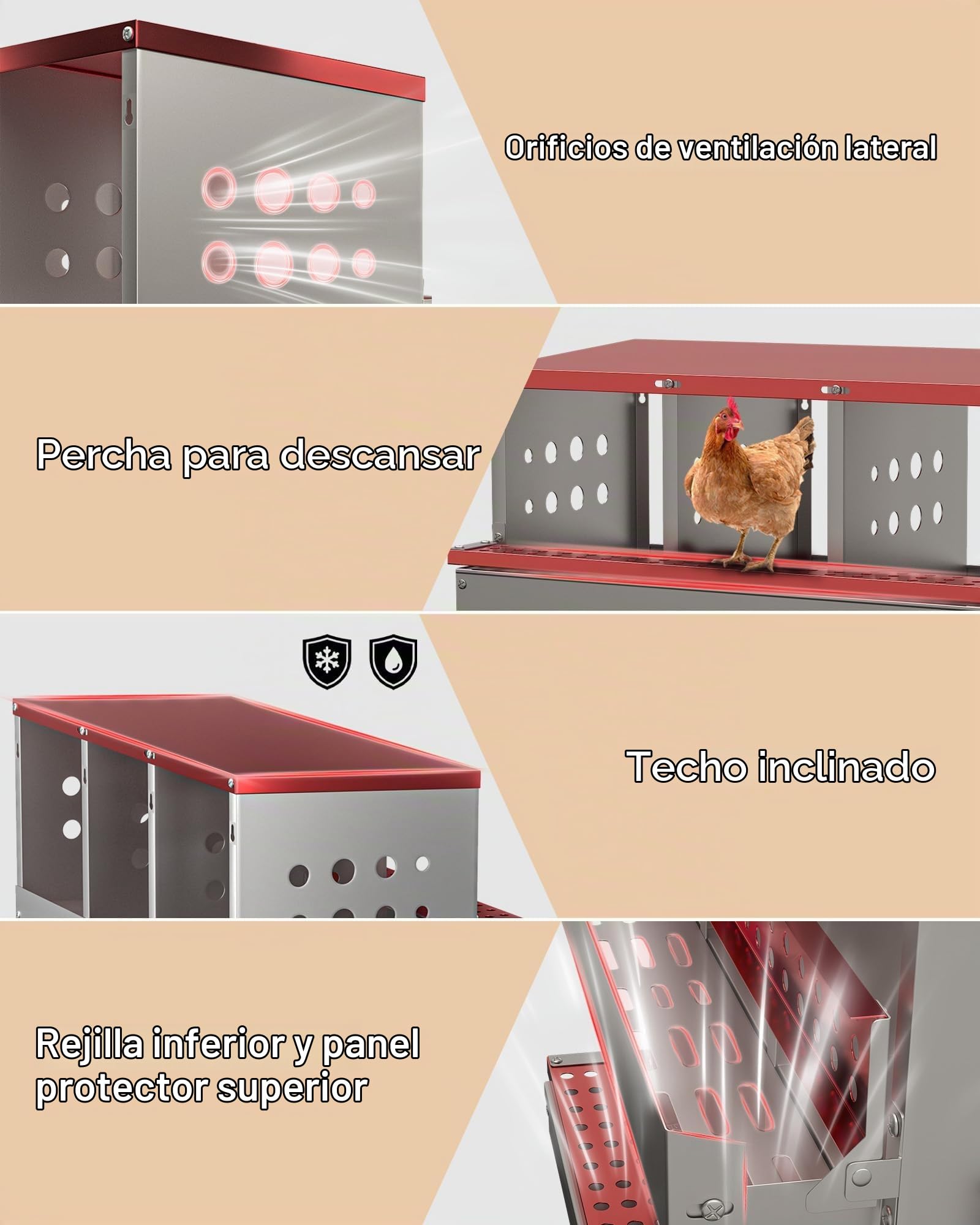 Ponederos para Gallinas con Bandeja Recogedora, Nido de Pollo con 8 Compartimentos Metálicos, Base Inclinada, Plataforma de Reposo, Columpio de Pared Enrollable, Impermeables, Antioxidantes