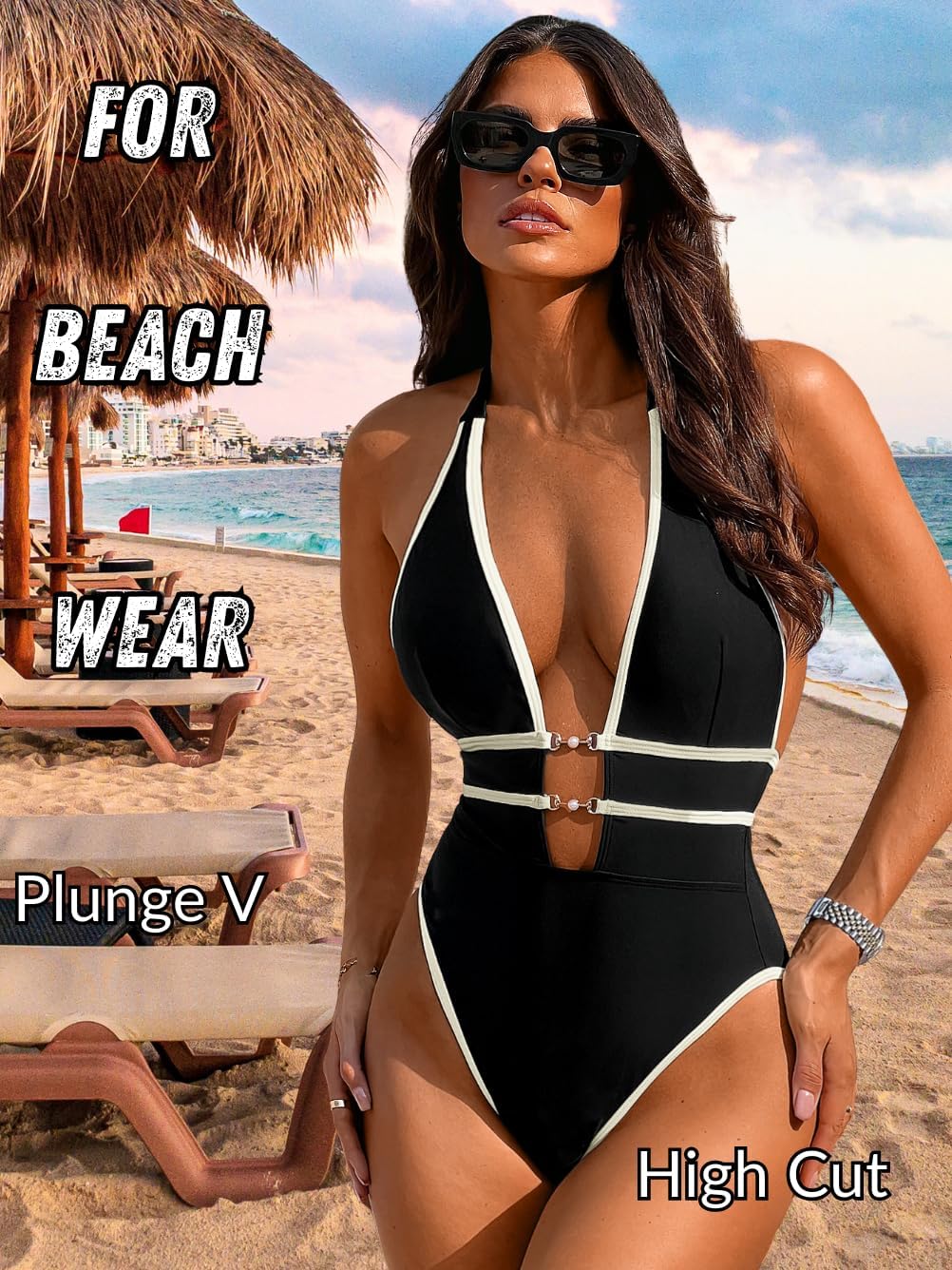 Color Block Swimsuit for Women, Plunge V Neck Backless, Beach Pool Party, Sexy High Leg Cut One Piece Cheeky - Image 4