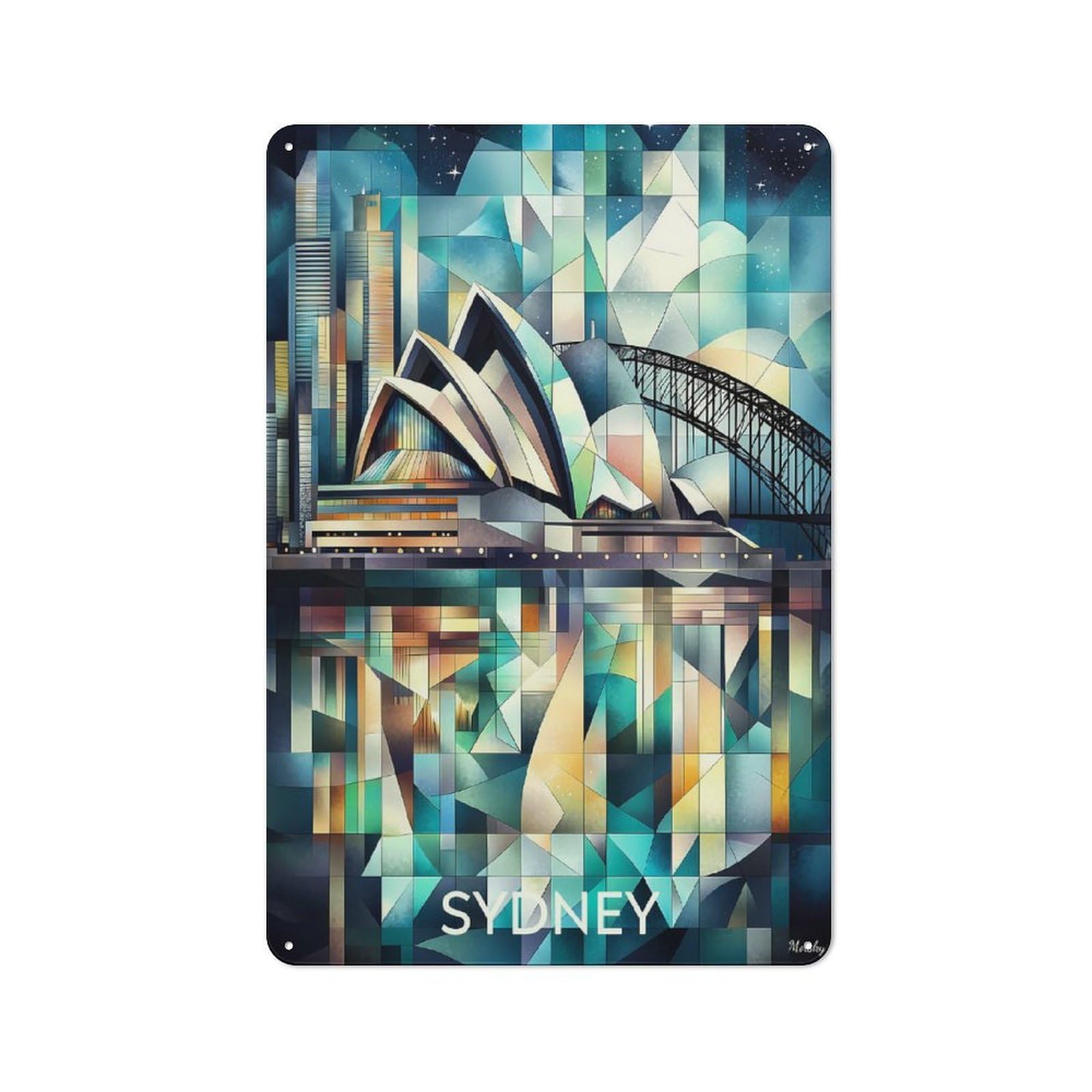 Junmoney Cubist Sydney Skyline With Opera House And Ha Tin Sign 30X20cm With Rbour Bridge For Garage Wall, Rustic Decor, For Living Room, Hallway And Entrance Wall Decor