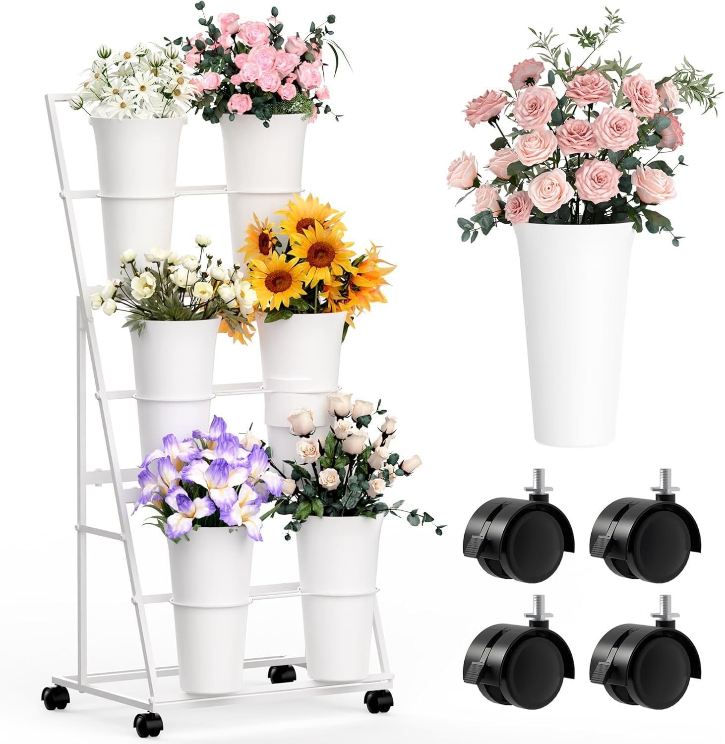Invech Flower Display Stand with 6 Buckets and Wheels, 3 Tier Flower Cart Display Stand for Indoor Outdoor Garden, Wedding, Flower Shop, White