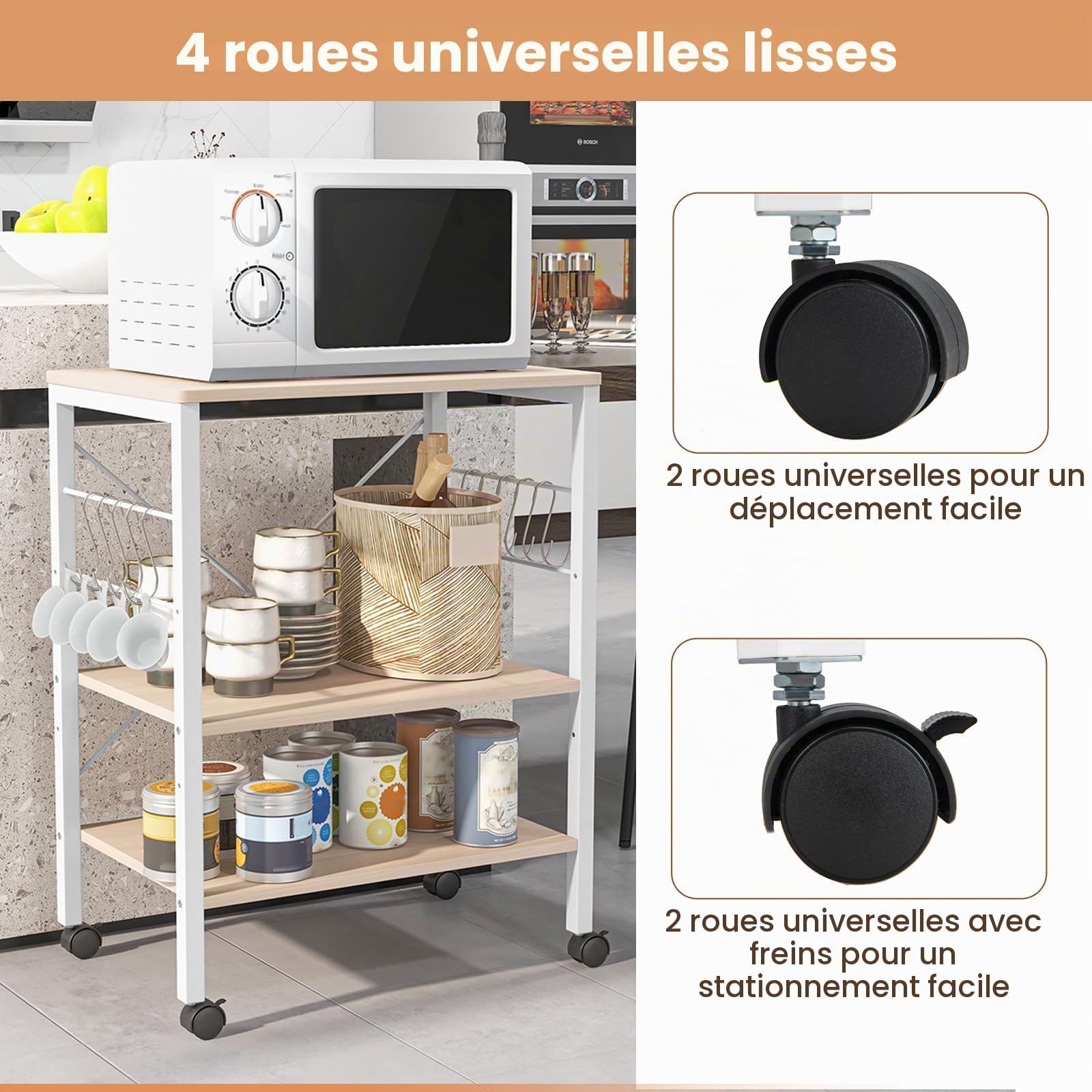 KOMFOTTEU Chariot Cuisine avec 10 Crochets en S, 3 Niveaux, 60 x 40 x 73cm | Étagère mobile pour Micro-ondes avec plateaux réglables en Hauteur, Desserte de Service, beige