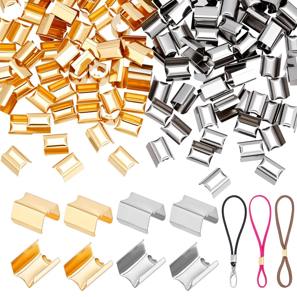 PH PandaHall 220pz Fermagli per Cordoncino in Metallo Terminali a Crimpare a Nastro, Fermagli in Corda di Pelle Argento e Oro per Braccialetti in Iuta Fai Da Te con Nappe in Macramè, 12x8mm