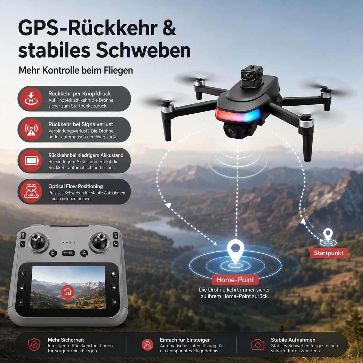Faltbare GPS Drohne mit Kamera 1080P HD, Dual-Kamera, 4,5'' Bildschirm Fernsteuerung, bürstenlose Motoren, 2 Akkus (40 Min), Follow Me, 360° Orbit, Waypoint, Optical Flow, Hinderniserkennung
